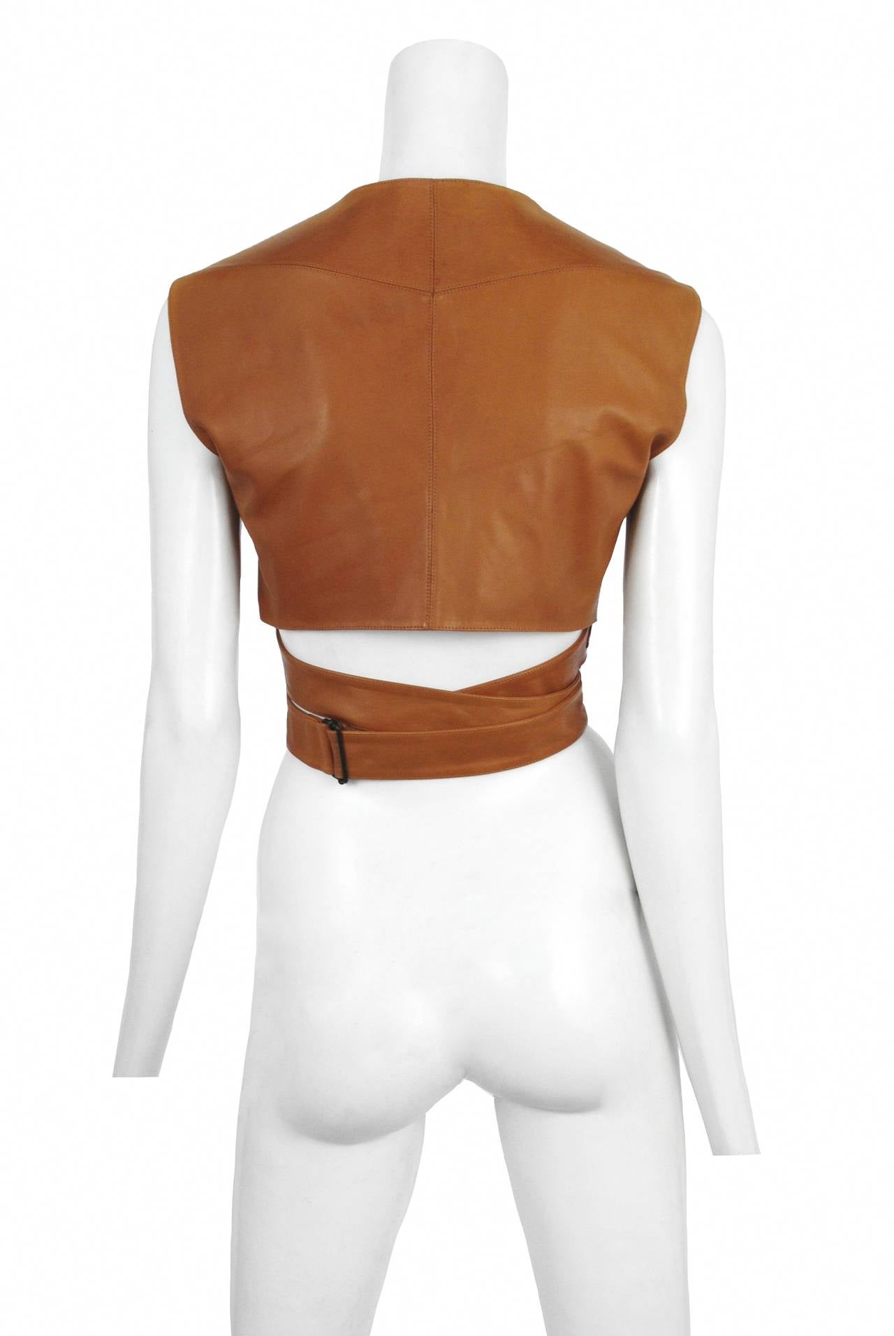 Vintage Azzedine Alaia cognac brown leather sleeveless wrap top.