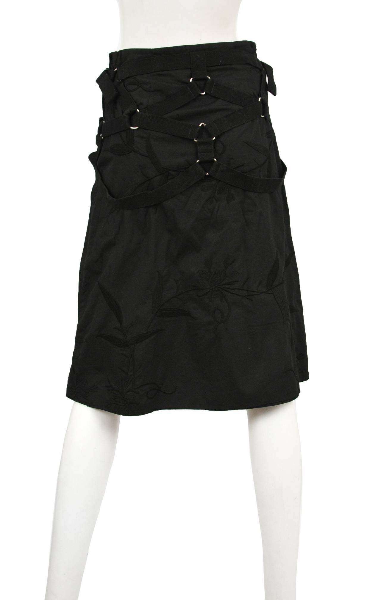 Vintage Junya Watanabe for Comme des Garcons black on black embroidered parachute knee length skirt with black trim and metal and black plastic hardware. Circa 2002.