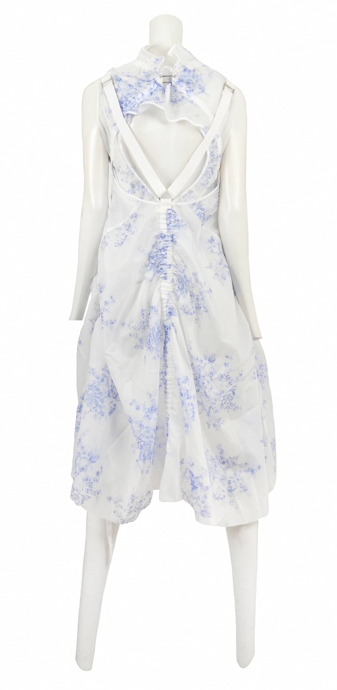 Vintage Junya Watanabe for Comme des Garcons sleeveless white and blue floral parachute dress with white trim. Circa 2002.