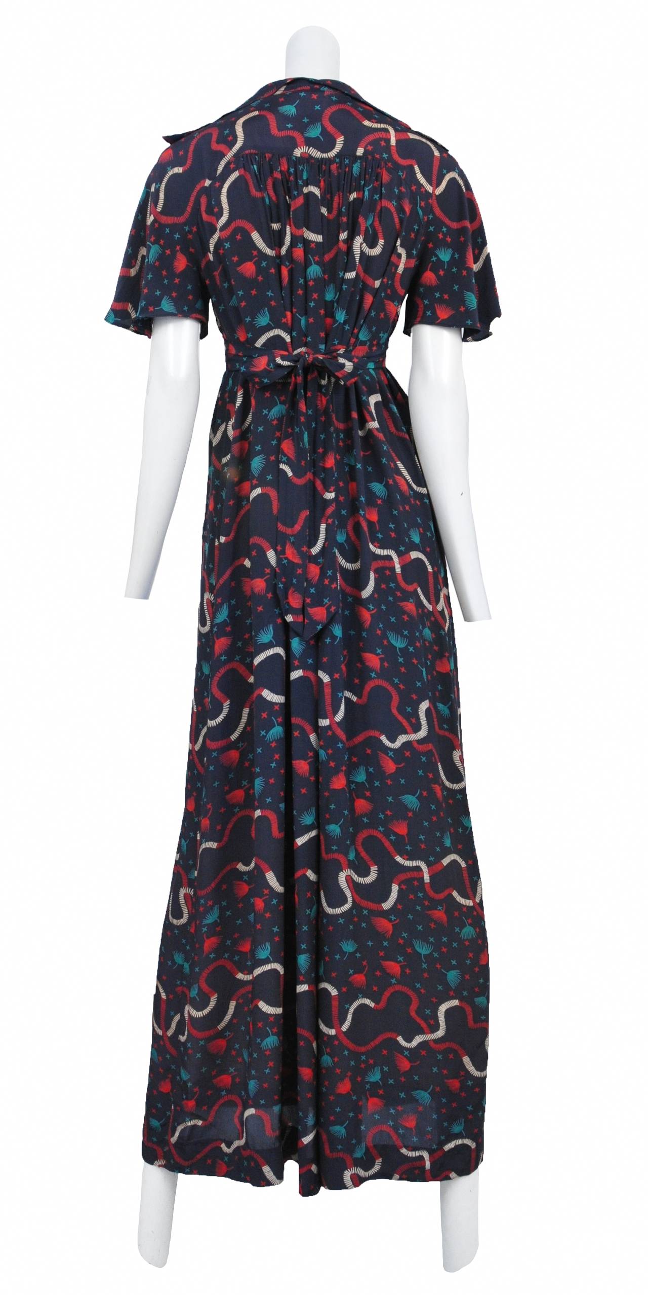Vintage Ossie Clark grey blue silk short sleeve collared maxi dress featuring the Celia Birtwell 