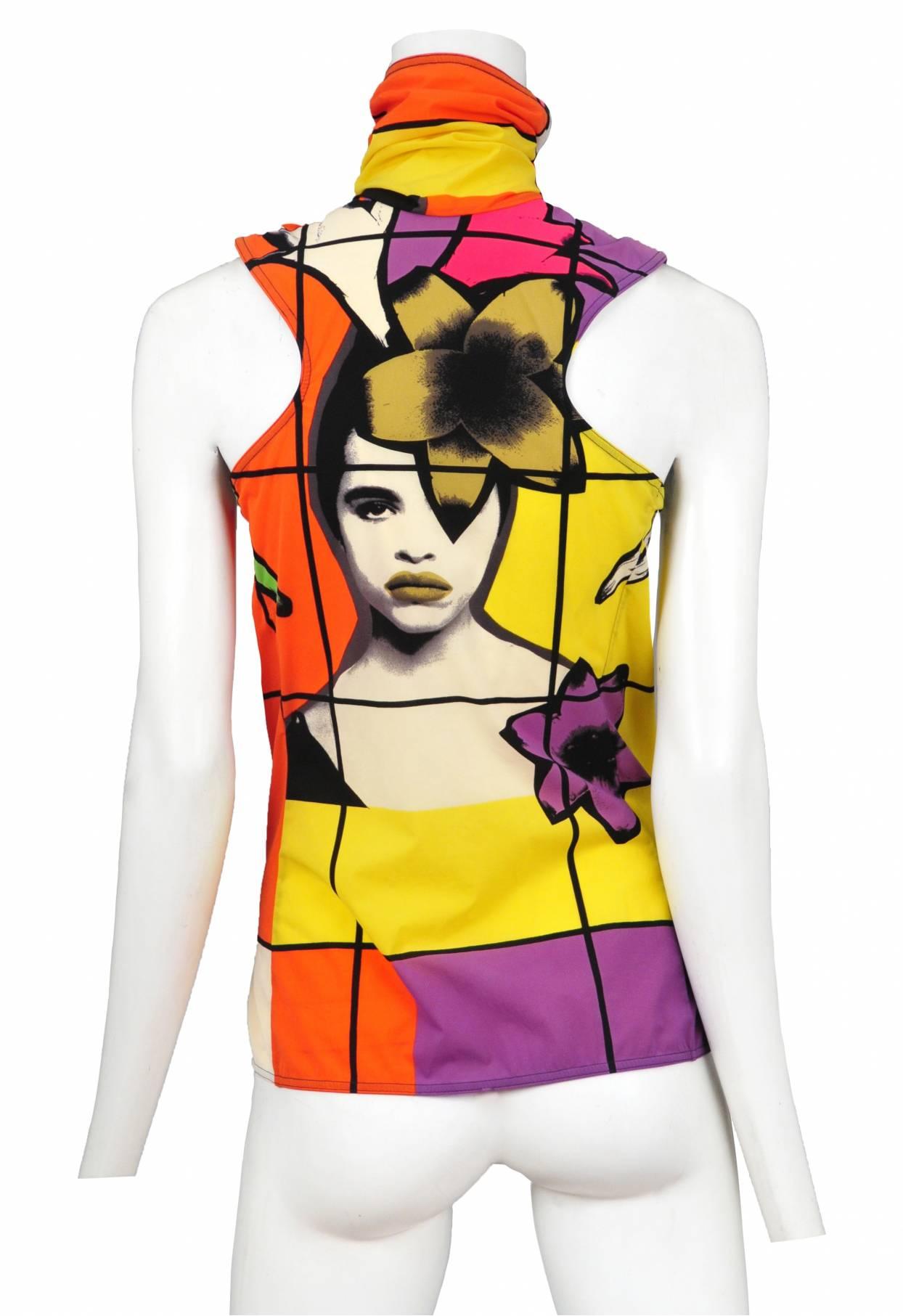 Vintage Thierry Mugler snap front turtle neck tank top featuring a printed neon grid and image of a model's face on the front and back.