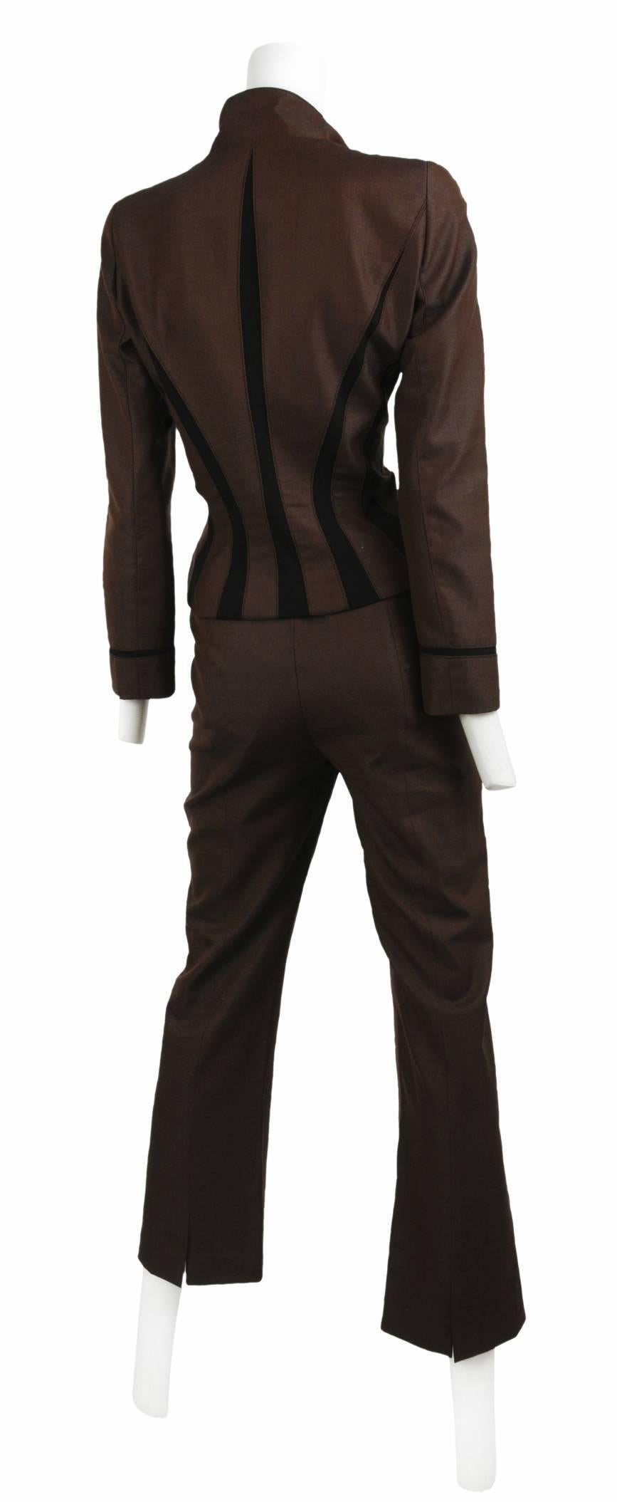 Vintage Thierry Mugler Couture brown silk darted pant suit with black insets and exaggerated shoulders.