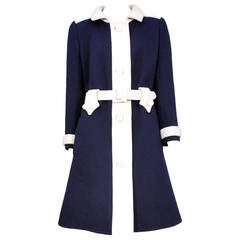 Retro Courreges Navy and White Belt Coat