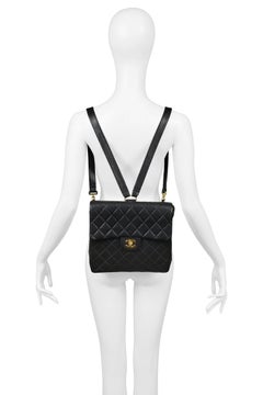 Unusual Chanel Square Quilted Black Leather Backpack Bag With Chain Straps