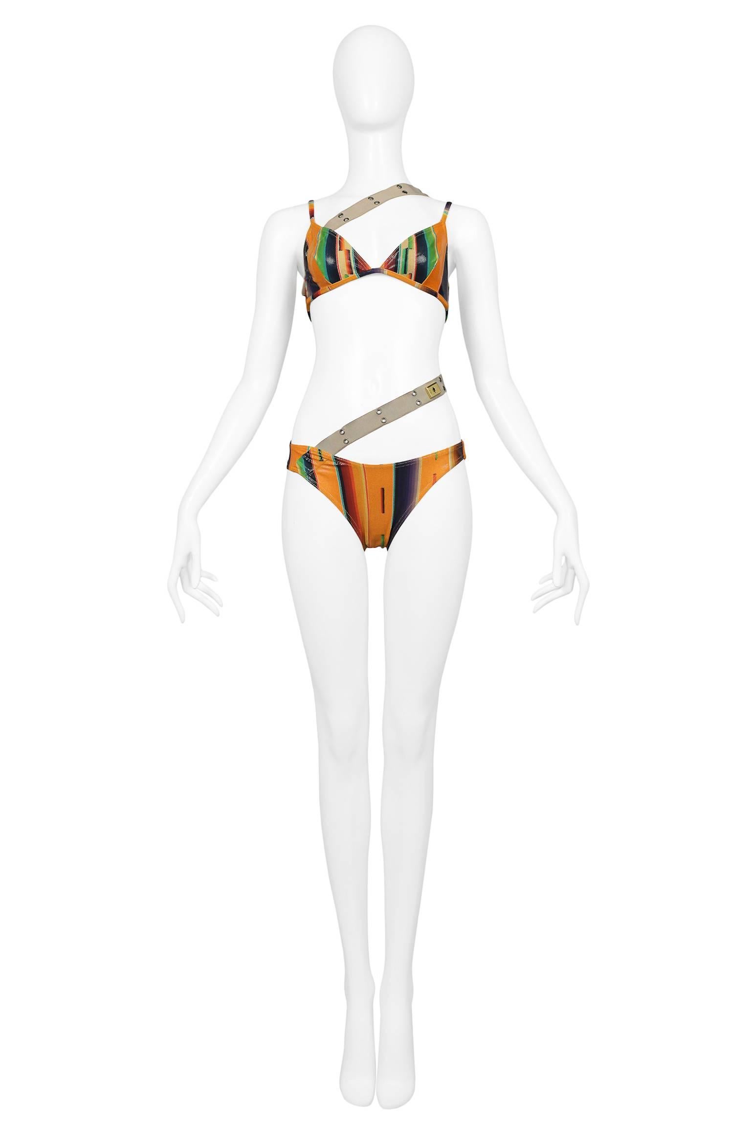 Super sexy new vintage Christian Dior by John Galliano multicolor Navajo style stripe bikini swimsuit with elastic khaki cargo straps and grommets. Never worn. Featured on the runway, W Magazine cover, and advertising. Collection SS 2002.