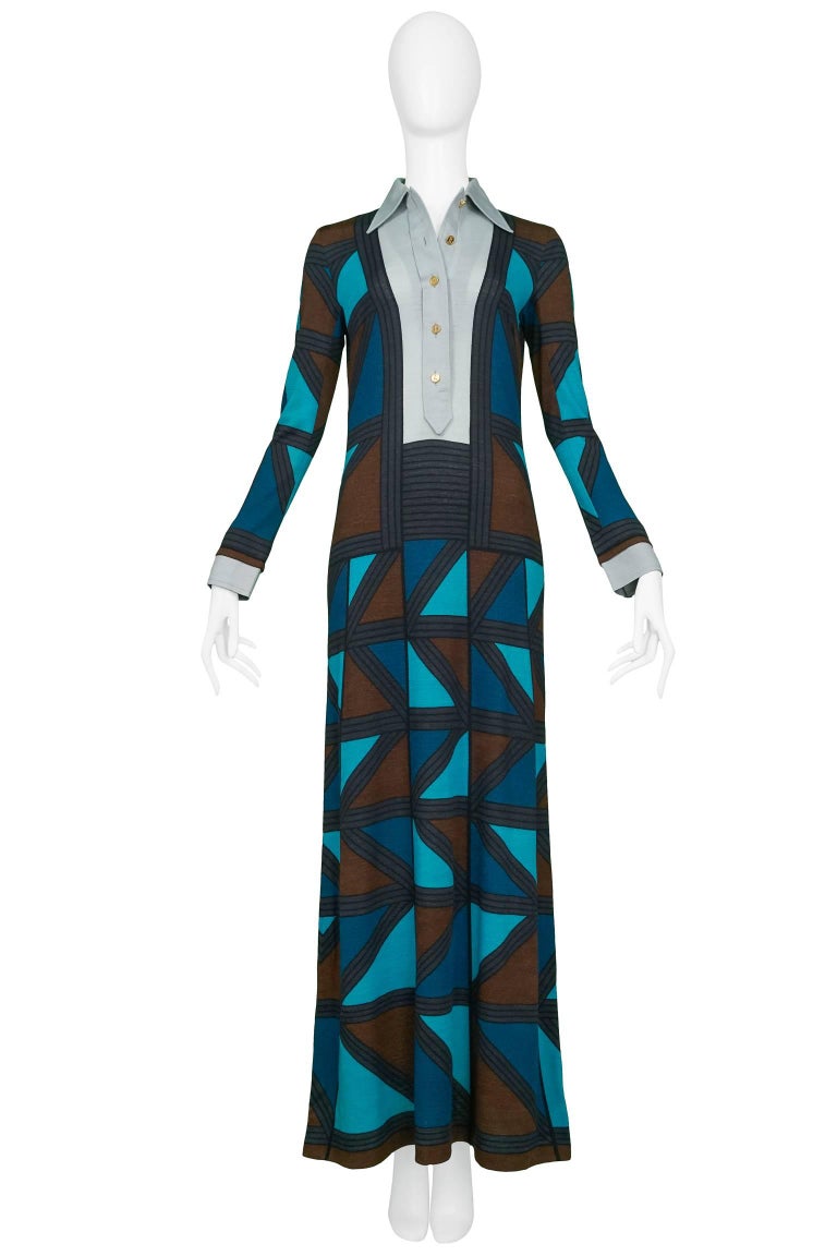 Vintage black, brown and teal Roberta di Camerino trompe l'oeil wool maxi dress with sleeves. Dress features signature Roberta print and gold tone 