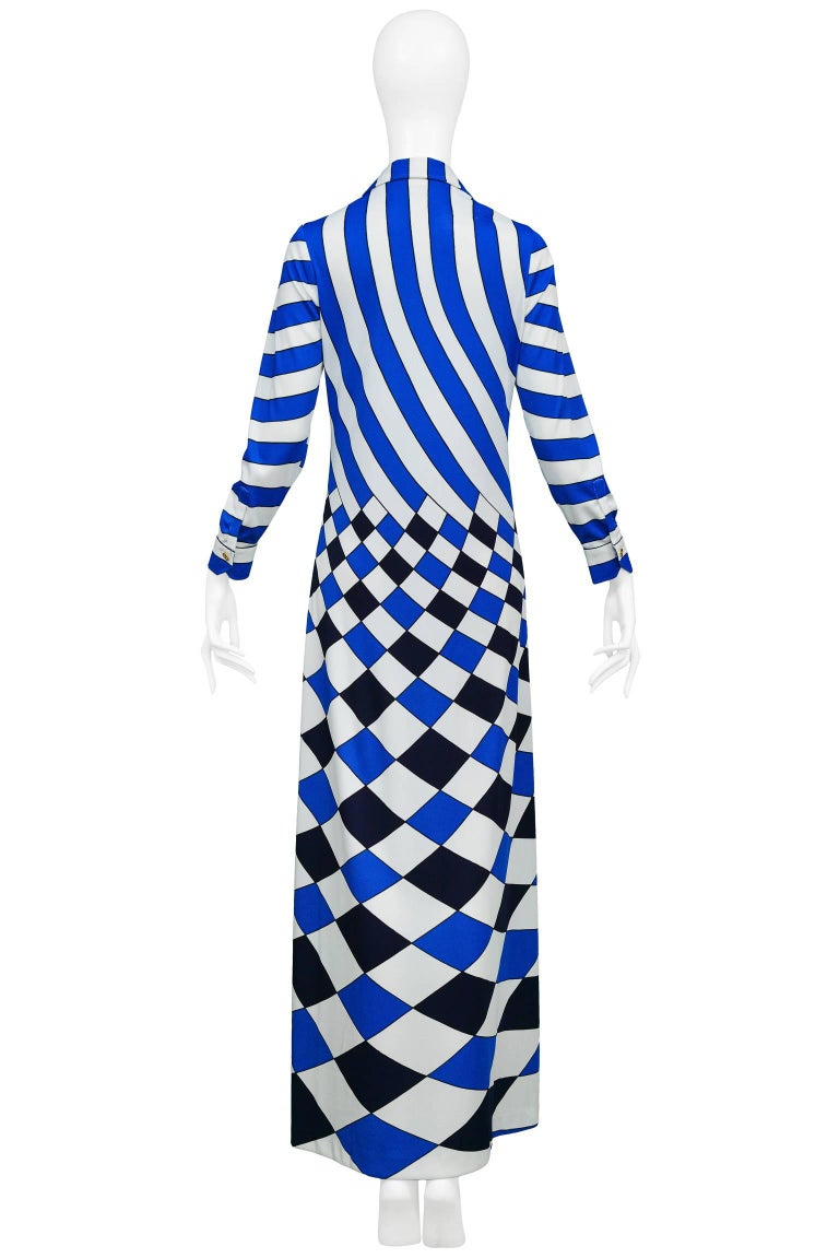 Roberta di Camerino Trompe Blue, White, & Black Check Maxi Dress For Sale 1