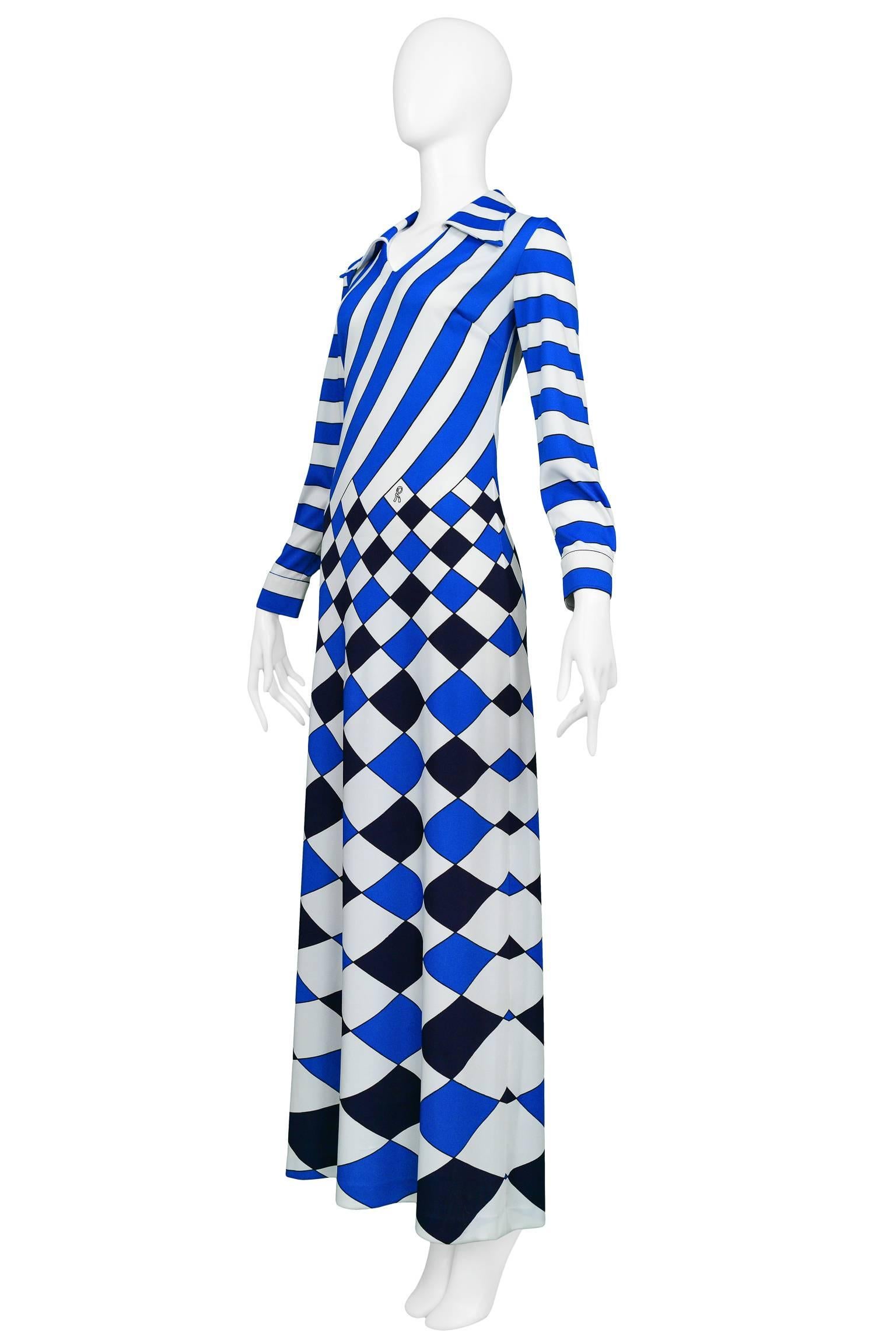 De las mujeres Roberta Di Camerino Maxi Vestido de Cuadros Azul, Blanco y Negro Trompe en venta