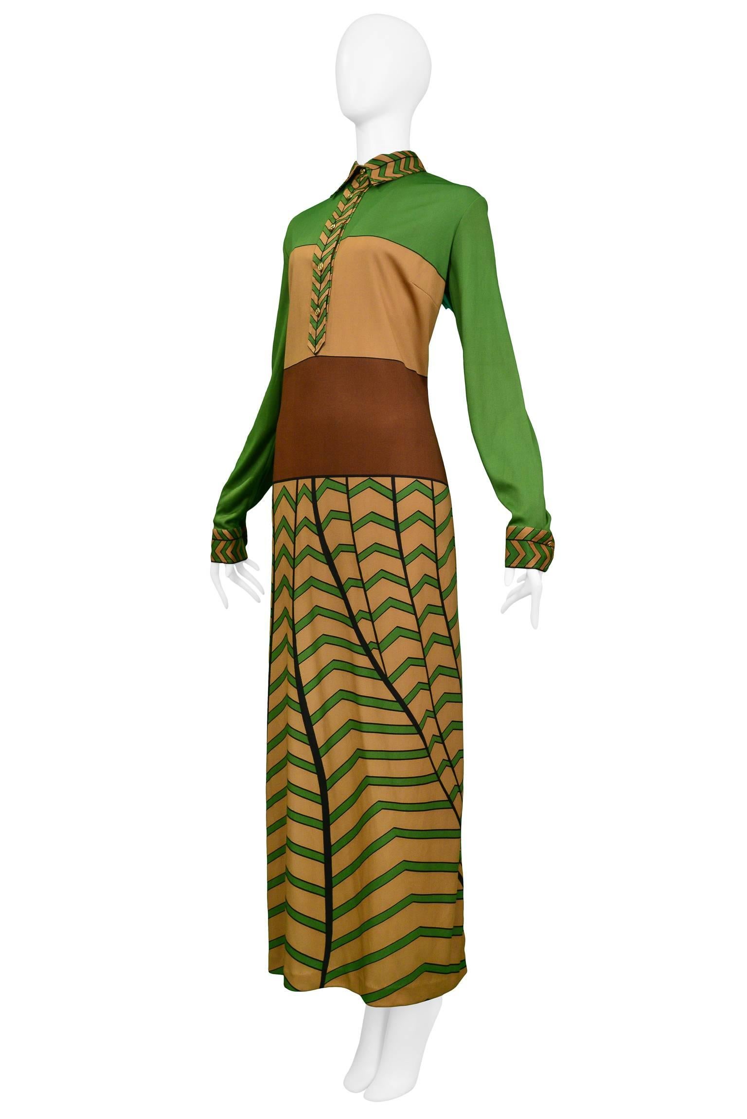 Tan Brown & Green Zig Zag Maxi Dress  In Excellent Condition For Sale In Los Angeles, CA