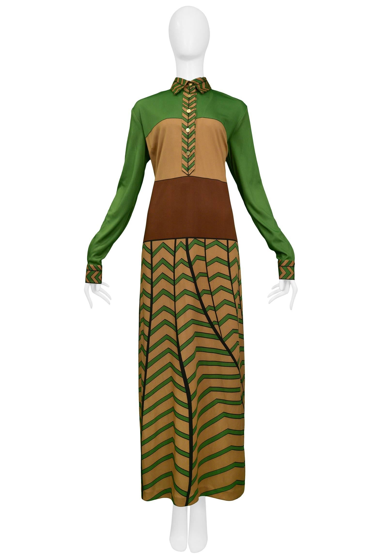 Vintage green, tan and brown Roberta di Camerino trompe l'oeil wool maxi dress with sleeves. Dress features signature Roberta print and gold tone 