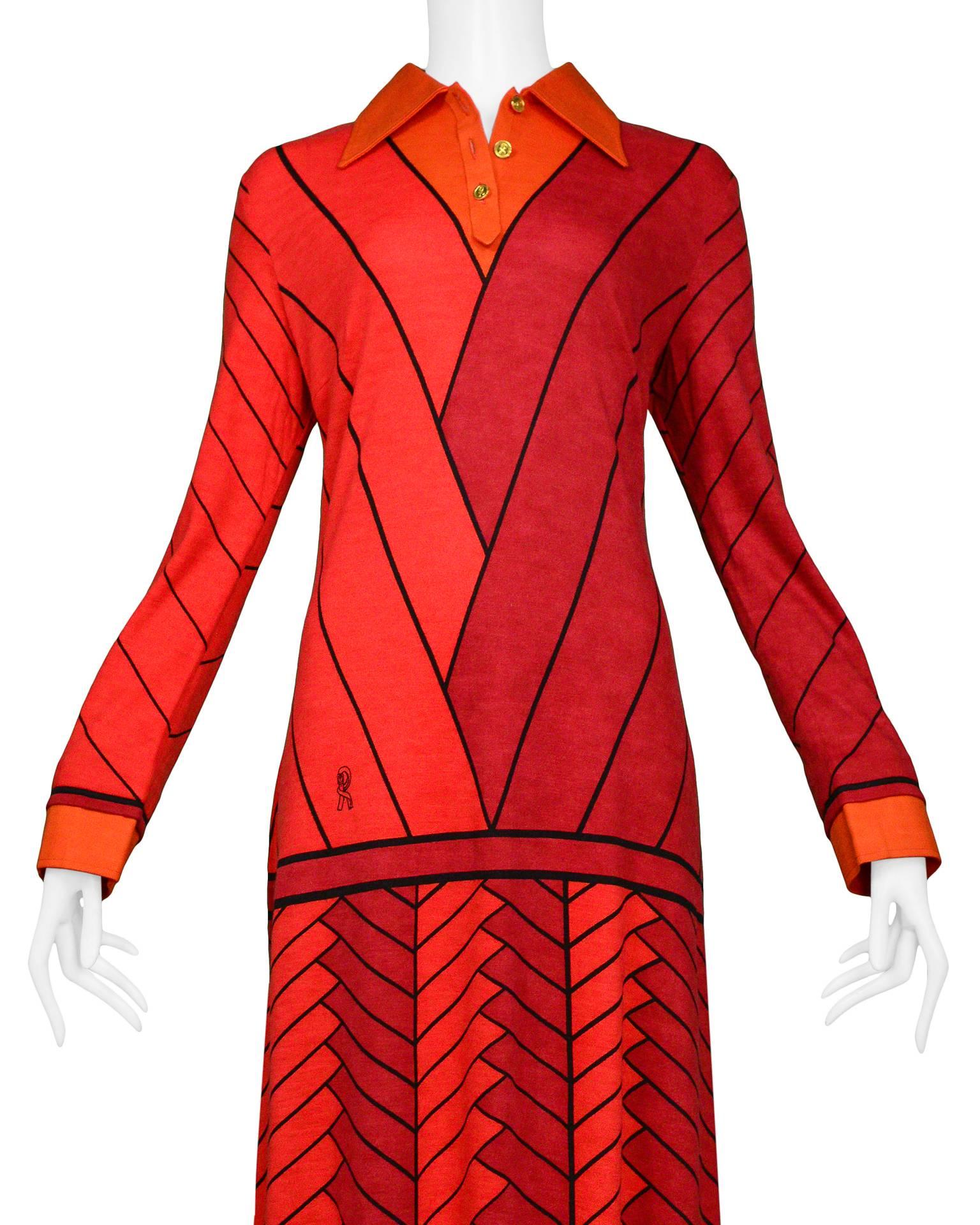 Red & Orange Chevron Day Dress In Excellent Condition In Los Angeles, CA