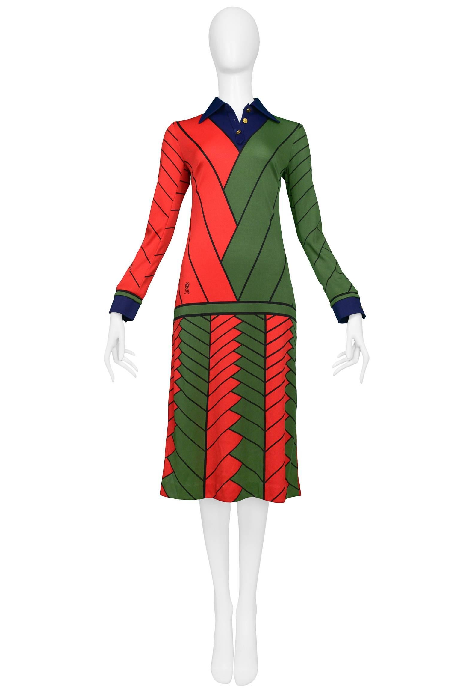 Vintage red, green and navy Roberta di Camerino trompe l'oeil jersey day dress with sleeves. Dress features signature Roberta print and gold tone 