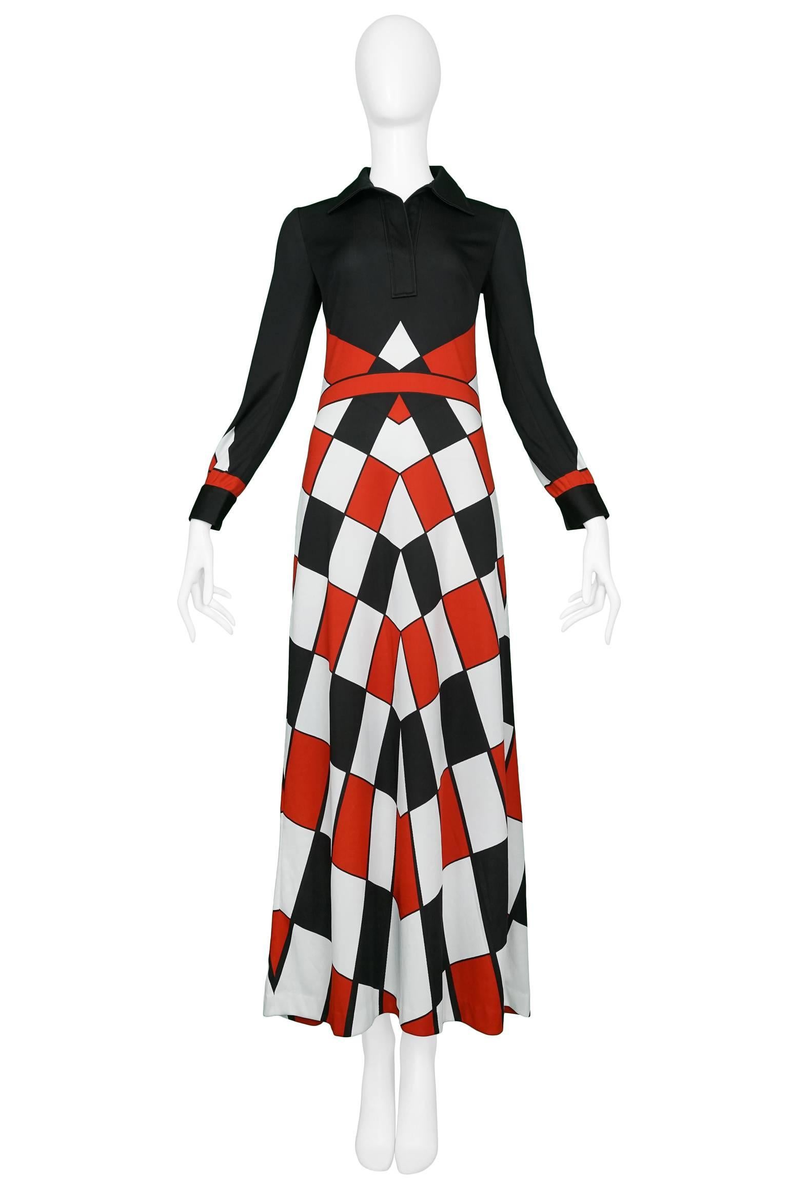 Vintage red, black and white Roberta di Camerino jersey maxi dress with sleeves. Dress features signature Roberta print and gold tone buttons. Roberta di Camerino archive sample dress. Circa 1970's.