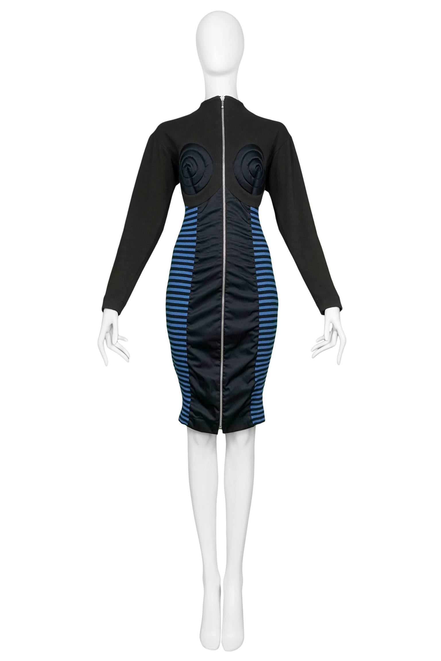 Vintage Jean Paul Gaultier  zipper front bustier dress featuring ribbed cotton paneling, padded bullet bra detailing at the bust, blue and black horizontal stripes at the sides and red iconic constructivist letters at either side.