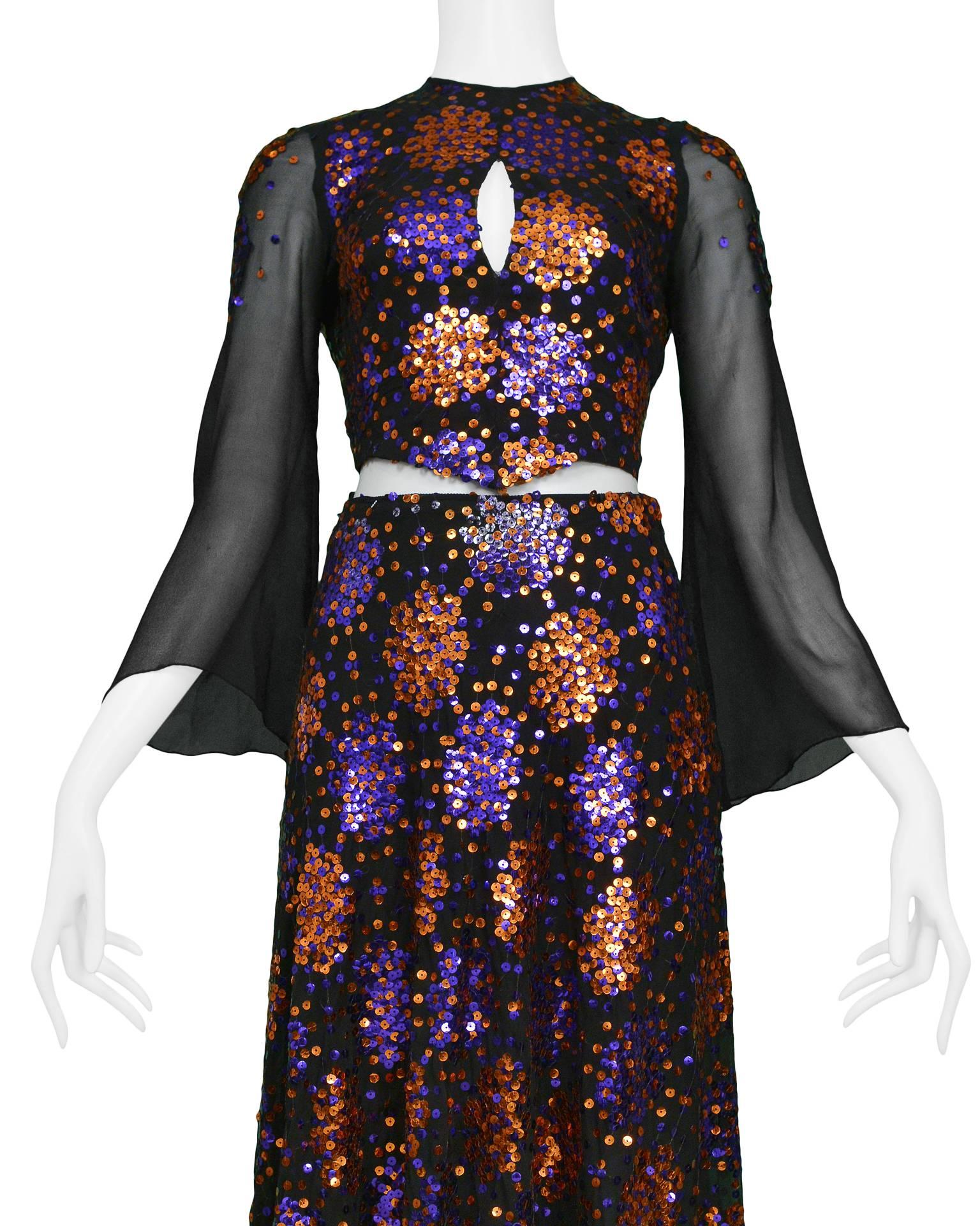 Black Important 1970's Thea Porter Silk Chiffon and Sequin Evening Ensemble