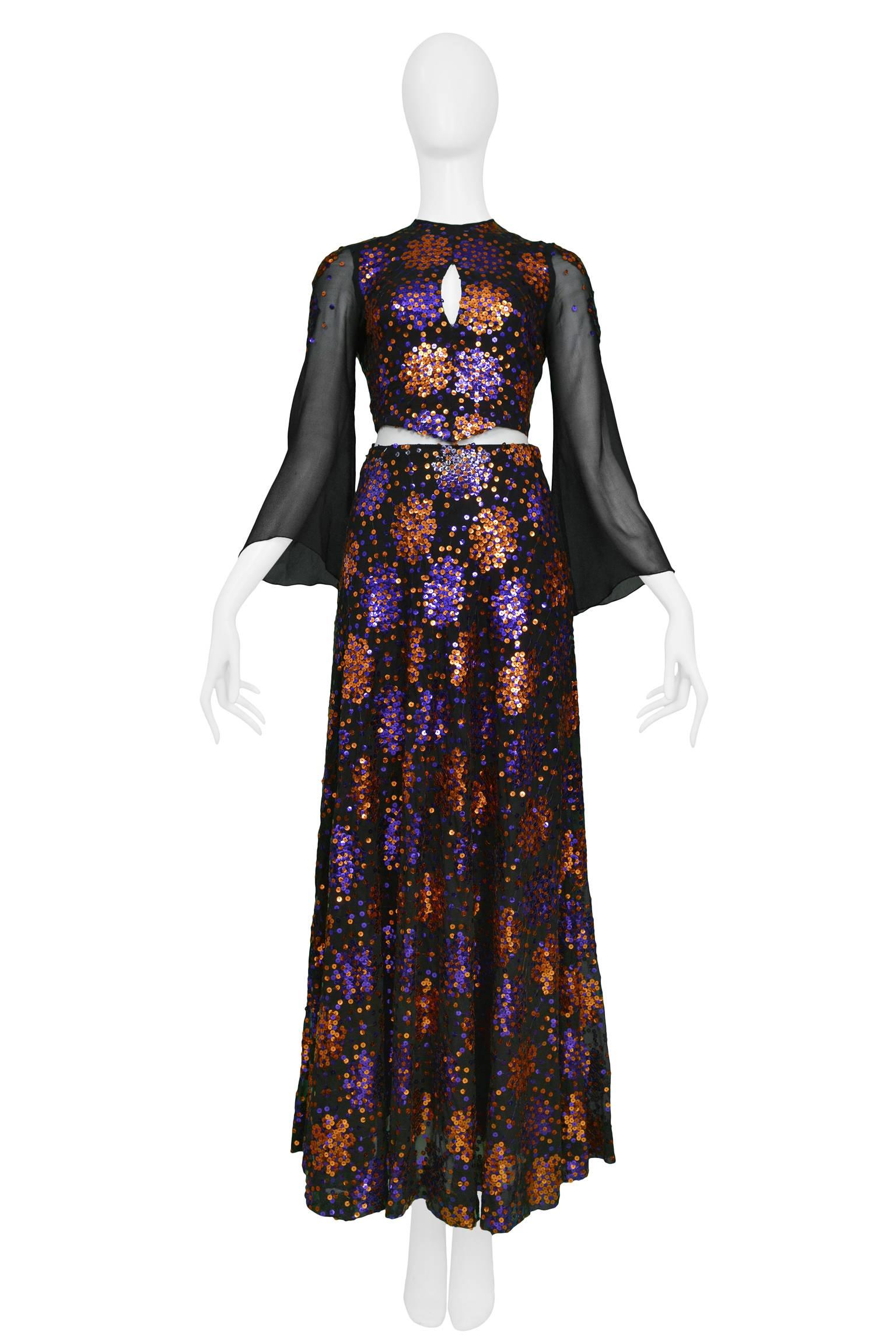 Vintage Thea Porter black skirt ensemble featuring copper and purple sequins in a starburst pattern.  