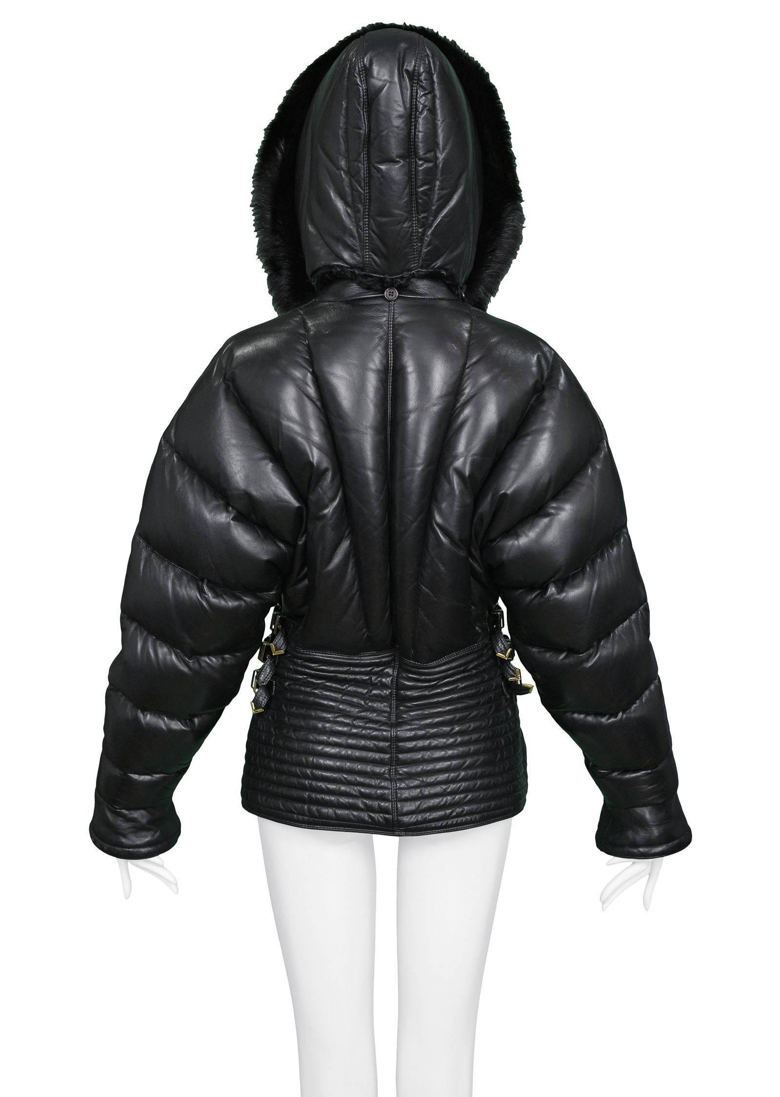 Gianni Versace Vintage Black Leather Puffer Coat with Fur Hood Runway, 1992 In Excellent Condition In Los Angeles, CA