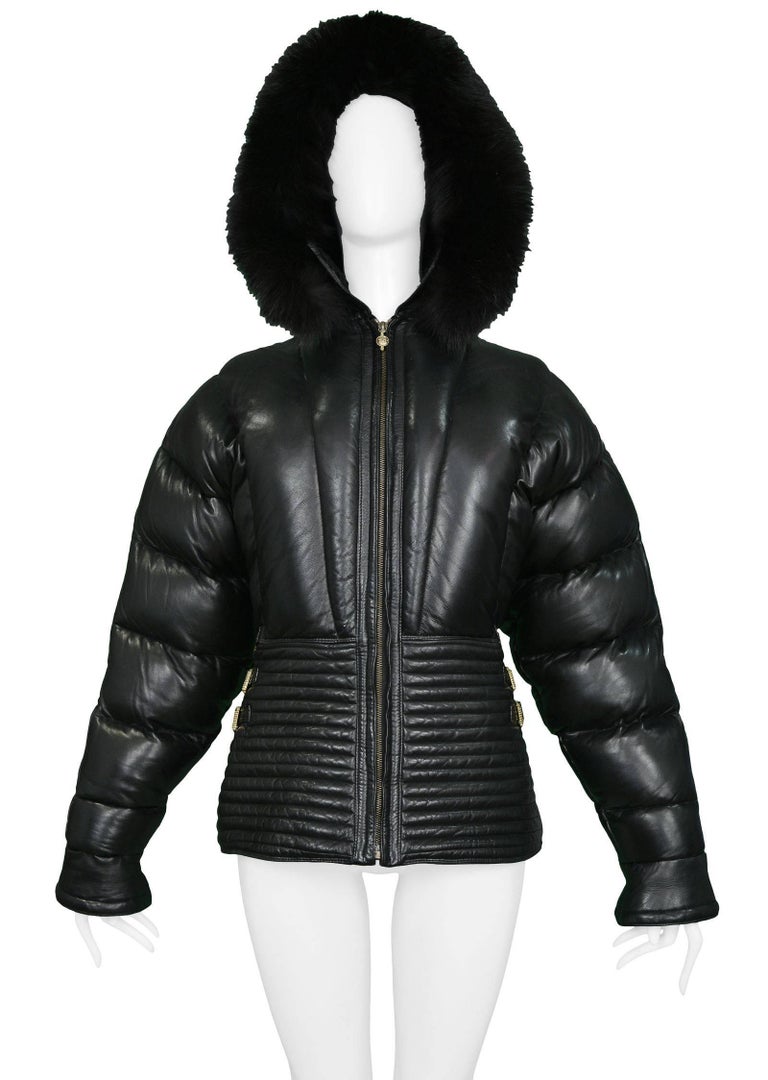 Gianni Versace Vintage Black Leather Puffer Coat with Fur Hood Runway, 1992 In Excellent Condition In Los Angeles, CA