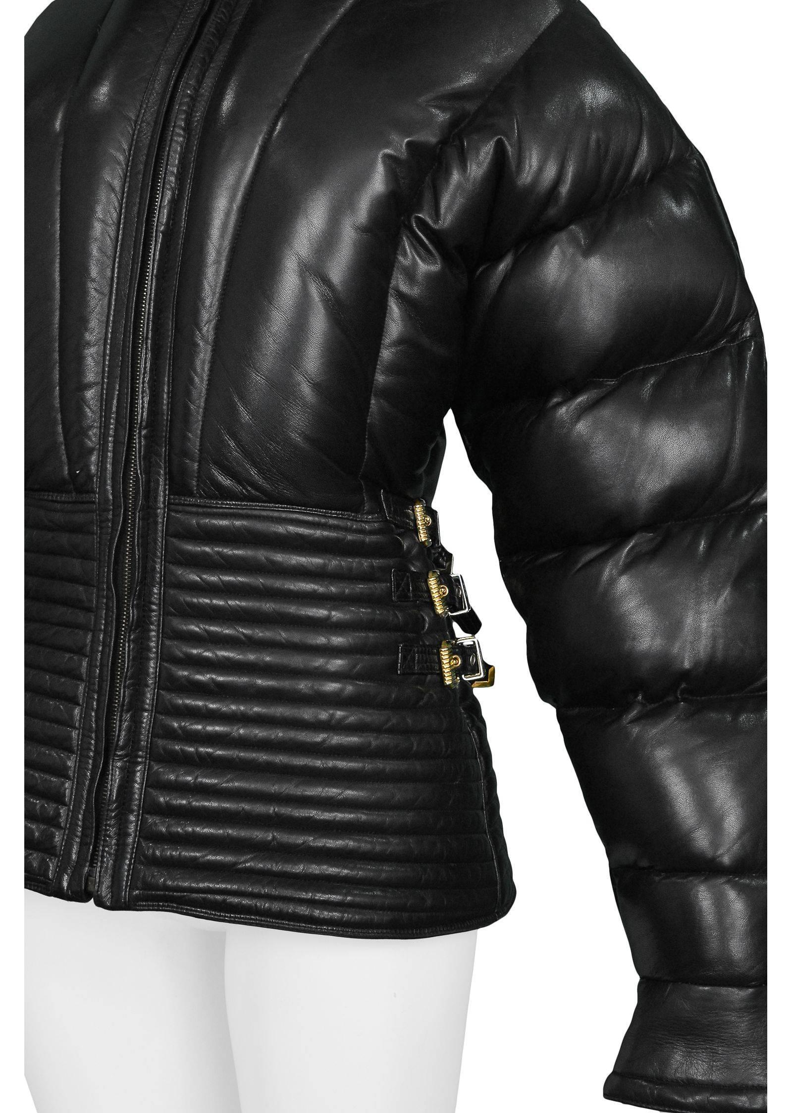leather puffer jacket with fur hood