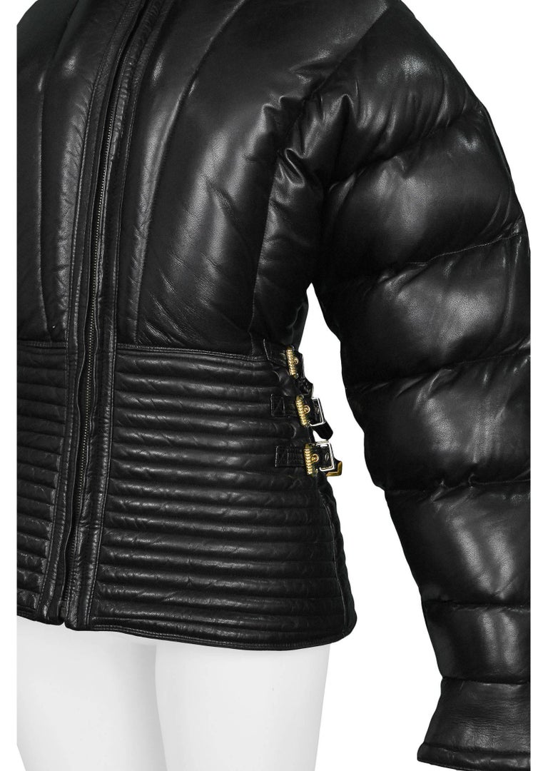 Gianni Versace Vintage Black Leather Puffer Coat with Fur Hood Runway, 1992 1