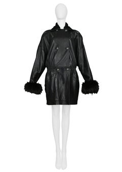 Vintage Gianni Versace Black Leather Parka Coat with Fur Cuffs & Collar