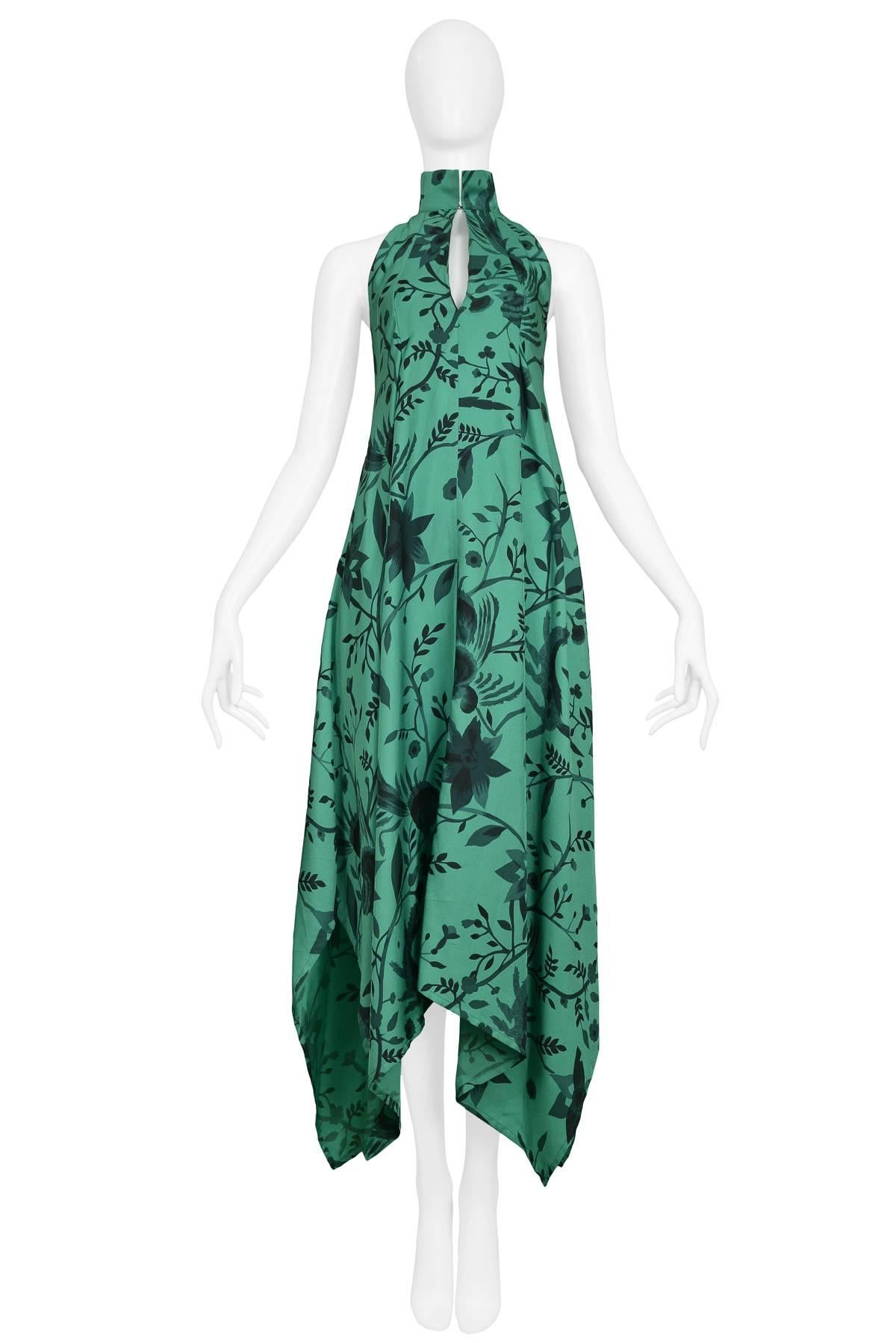 Early vintage green floral Issey Miyake dress with high collar, keyhole front and handkerchief hemline. Circa 1970s.