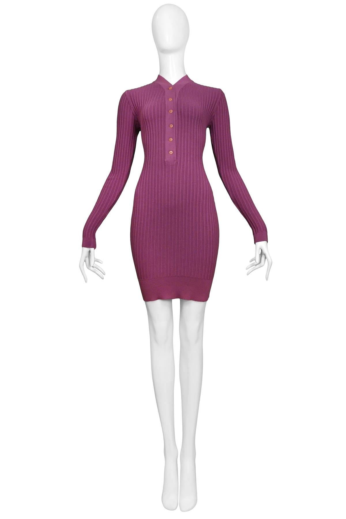 Vintage 1990's Azzedine Alaia magenta cardigan front ribbed knit body-con dress. Never worn with original tags. Circa 1990.