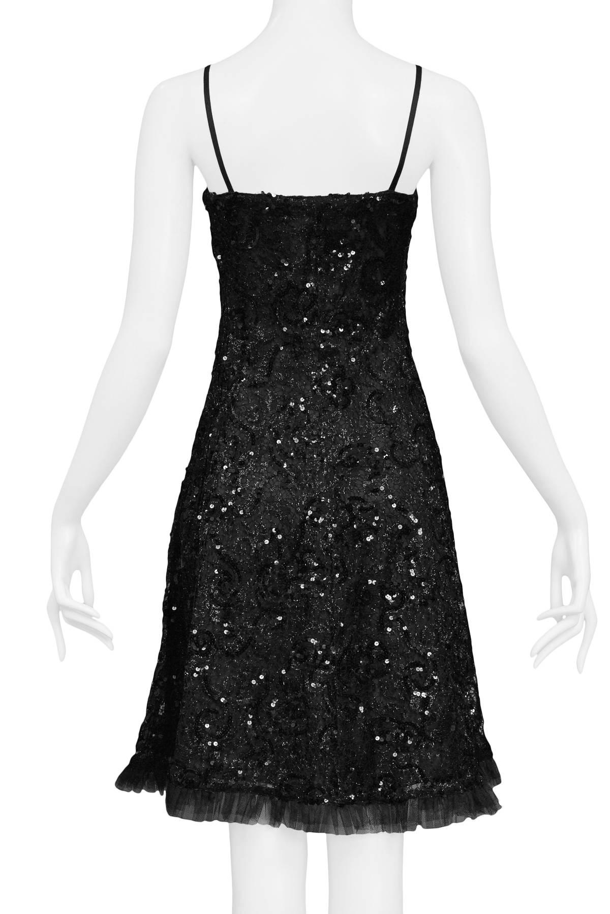 Vintage Yves Saint Laurent Black Lace & Sequin Cocktail Ruffle Dress  In Excellent Condition In Los Angeles, CA