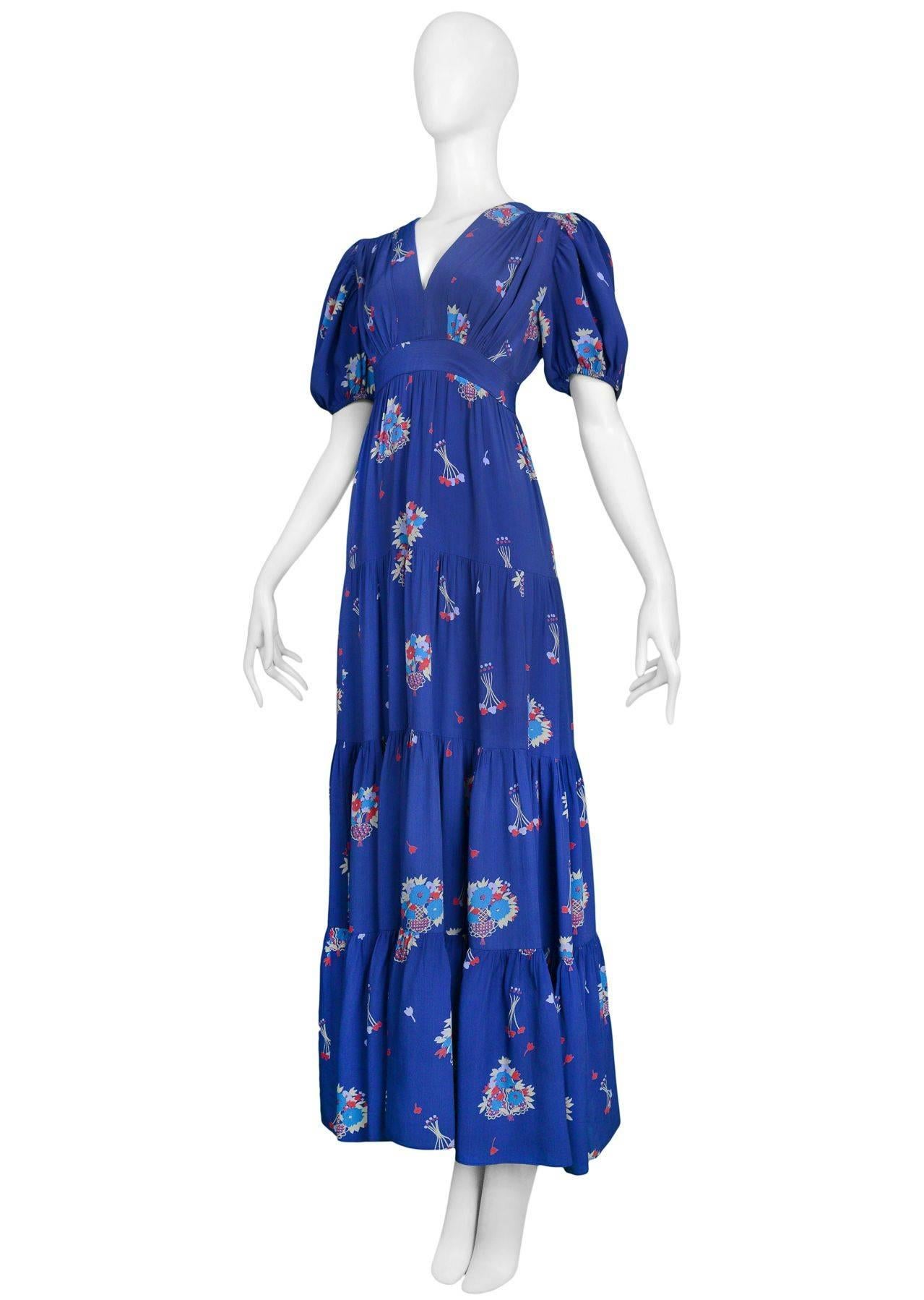 Stunning VIntage Ossie Clark Blue Peasant Gown with Celia Birtwell Print 1970's In Excellent Condition In Los Angeles, CA