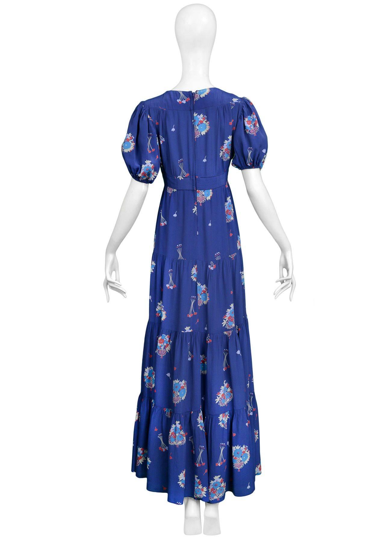 Women's Stunning VIntage Ossie Clark Blue Peasant Gown with Celia Birtwell Print 1970's