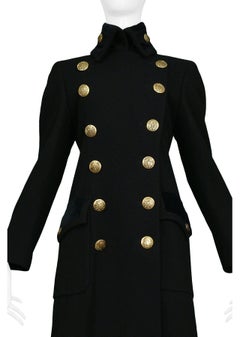 Chic Dolce & Gabbana Black Wool and Velvet Military Style Coat w Brass Buttons