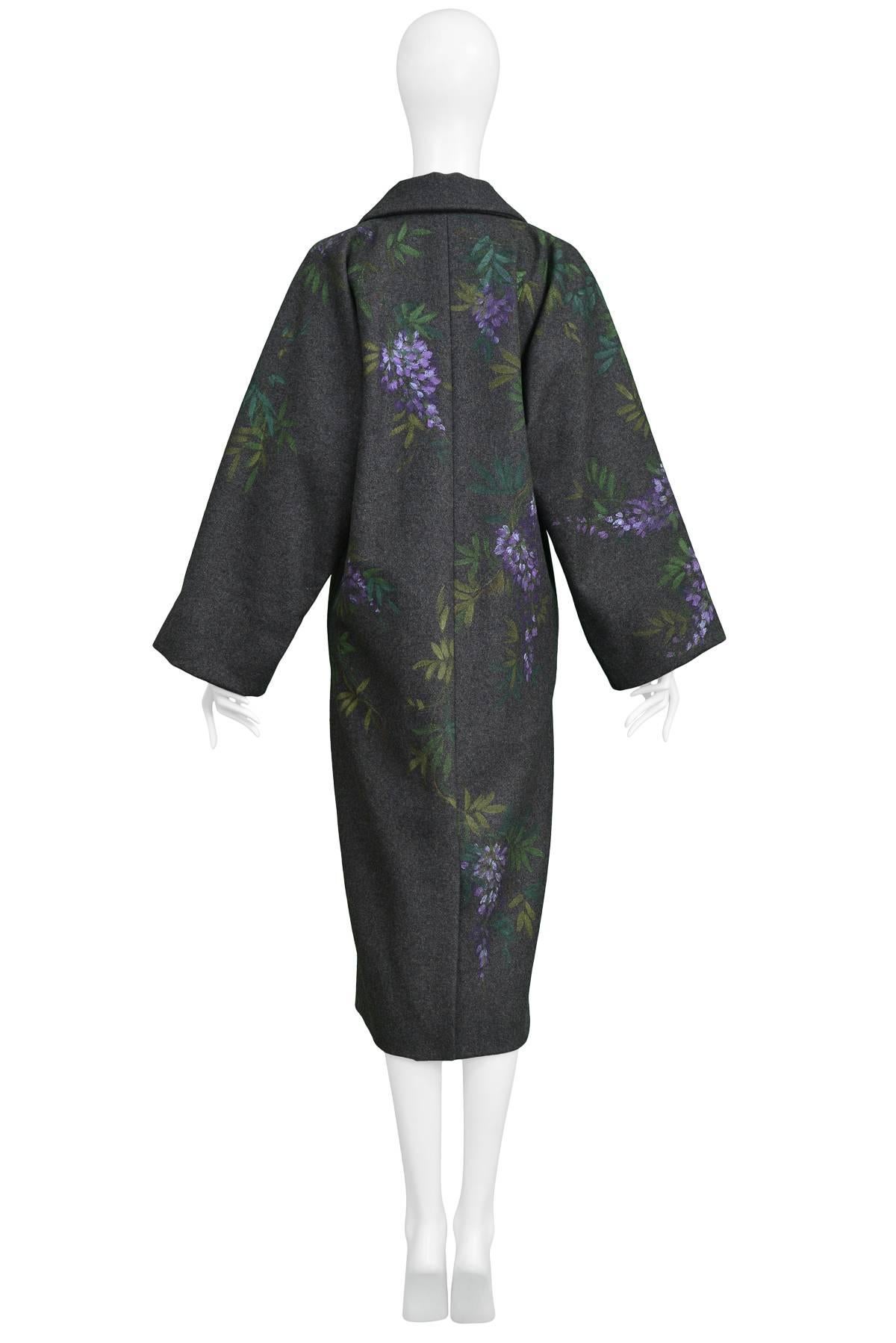 Black Vintage Dolce & Gabbana Hand-painted Flowers + Birds Wool Kimono Coat 1998