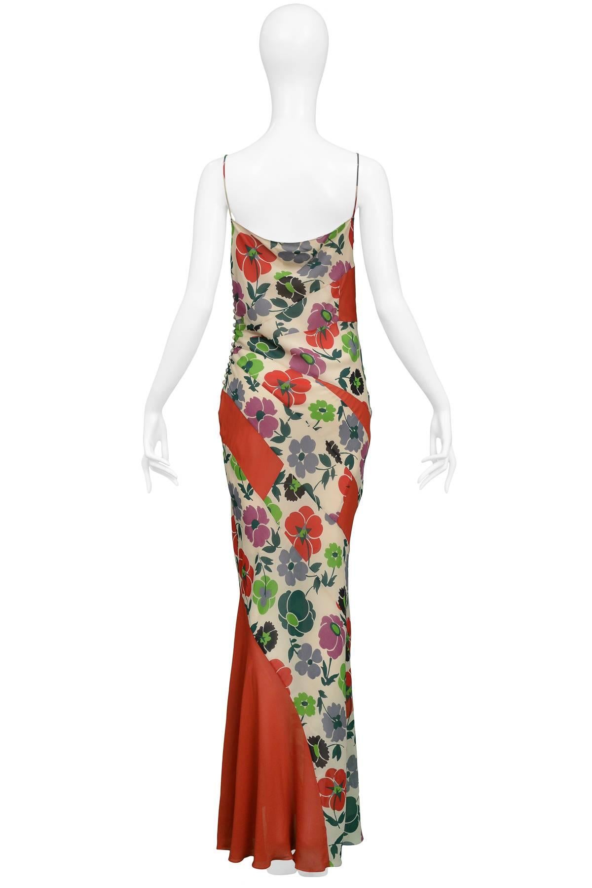 Women's Dior by John Galliano Floral & Red Panel Biased Cut Evening Gown 