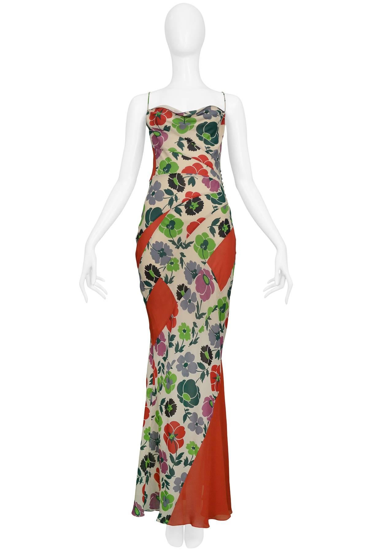 Dior by John Galliano red and green floral bias cut evening dress with solid red panels. Buttons upside, spaghetti straps, cowl neckline and low back. 