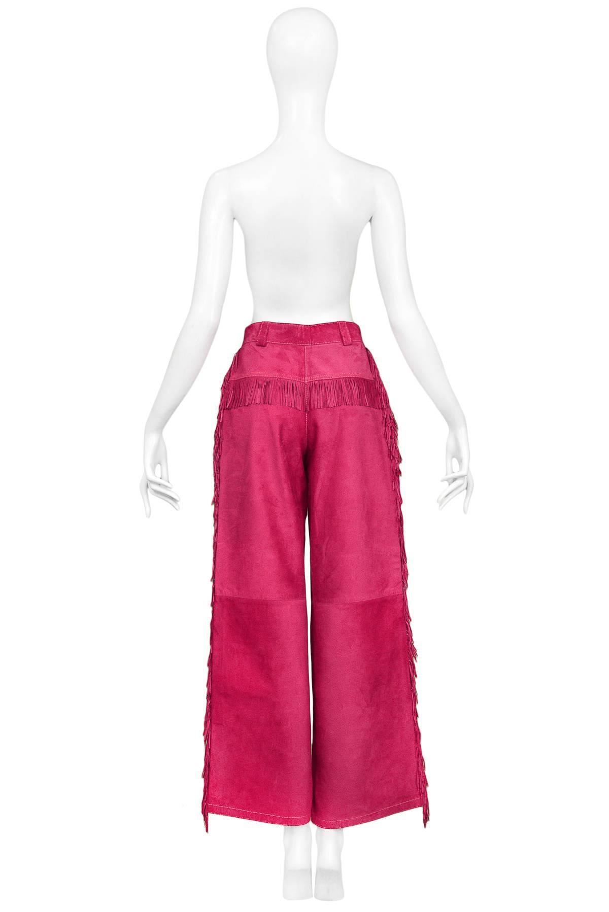 Red Iconic Versace 1992 Magenta Suede Fringe Pants