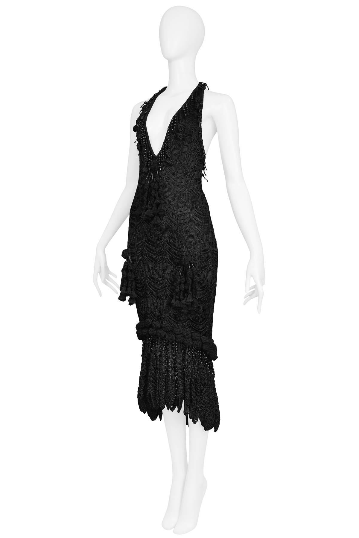 Black John Galliano Vintage Crochet and Beaded Tassel Halter Gown 