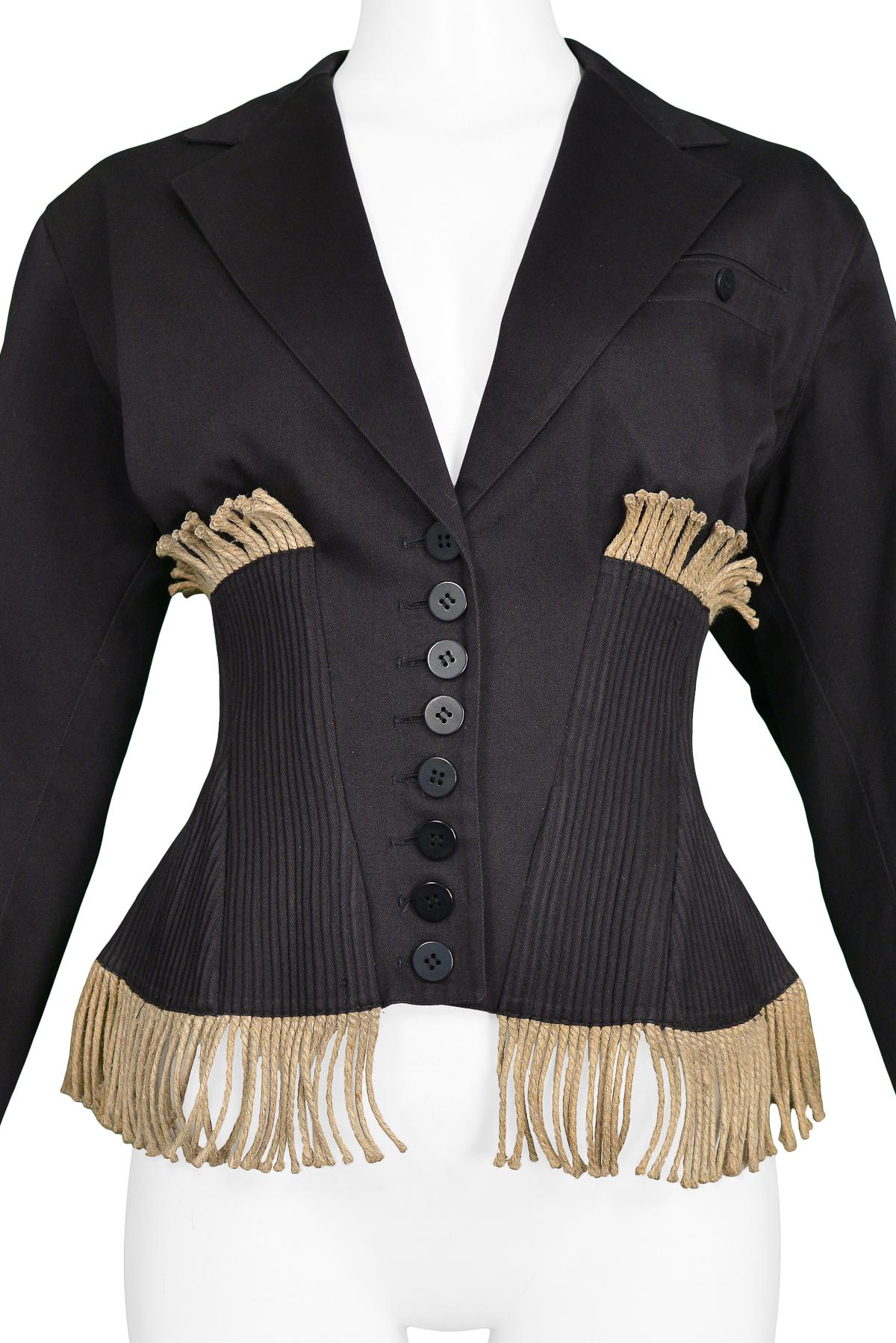 Vintage Azzedine Alaia 1988 Twine Fringe & Black Cotton Corset Jacket In Excellent Condition In Los Angeles, CA