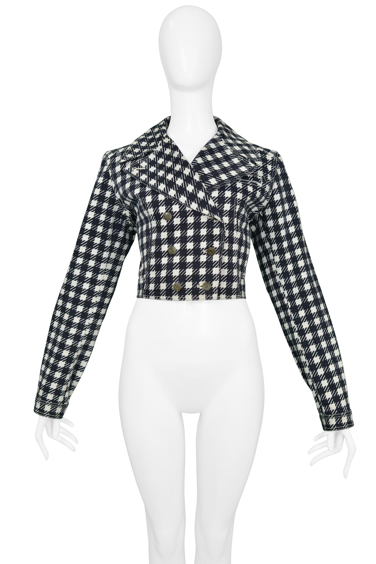 Vintage Alaia iconic black & white denim houndstooth 'Tati' jacket. Spring/Summer 1991 Collection. This jacket was worn on the runway by Farida Khelfa and additional pieces from this important collection were featured on Naomi Campbell in Ellen von