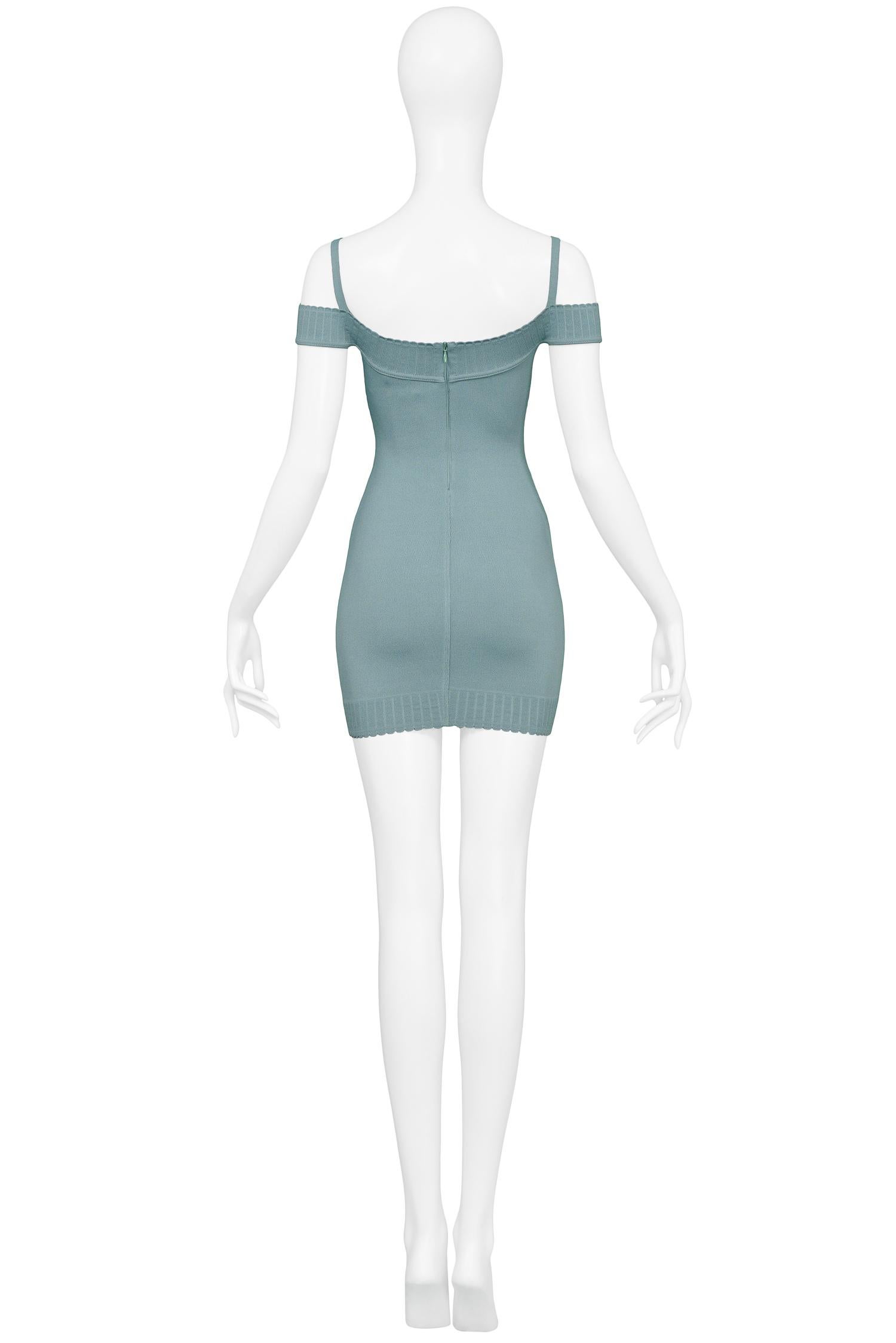 Vintage Azzedine Alaia seafoam green off the shoulder bodycon knit dress with knit strap detail. From the 1992 Collection.

Excellent Condition; New with Tags.

Size: XS
