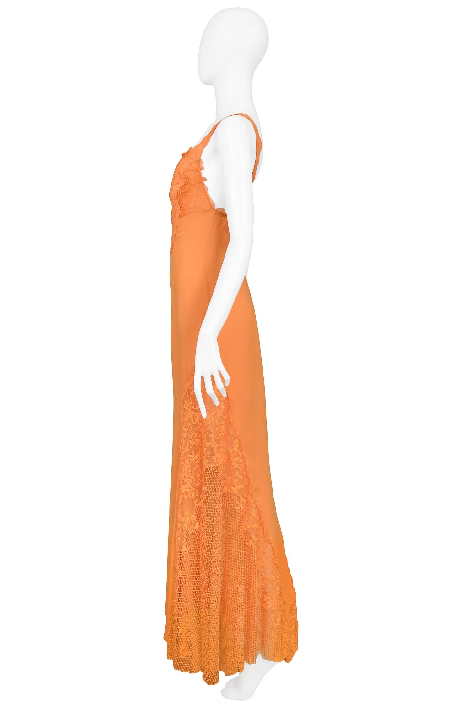 Orange Vintage Gianni Versace Apricot Lace Runway Gown 1997 