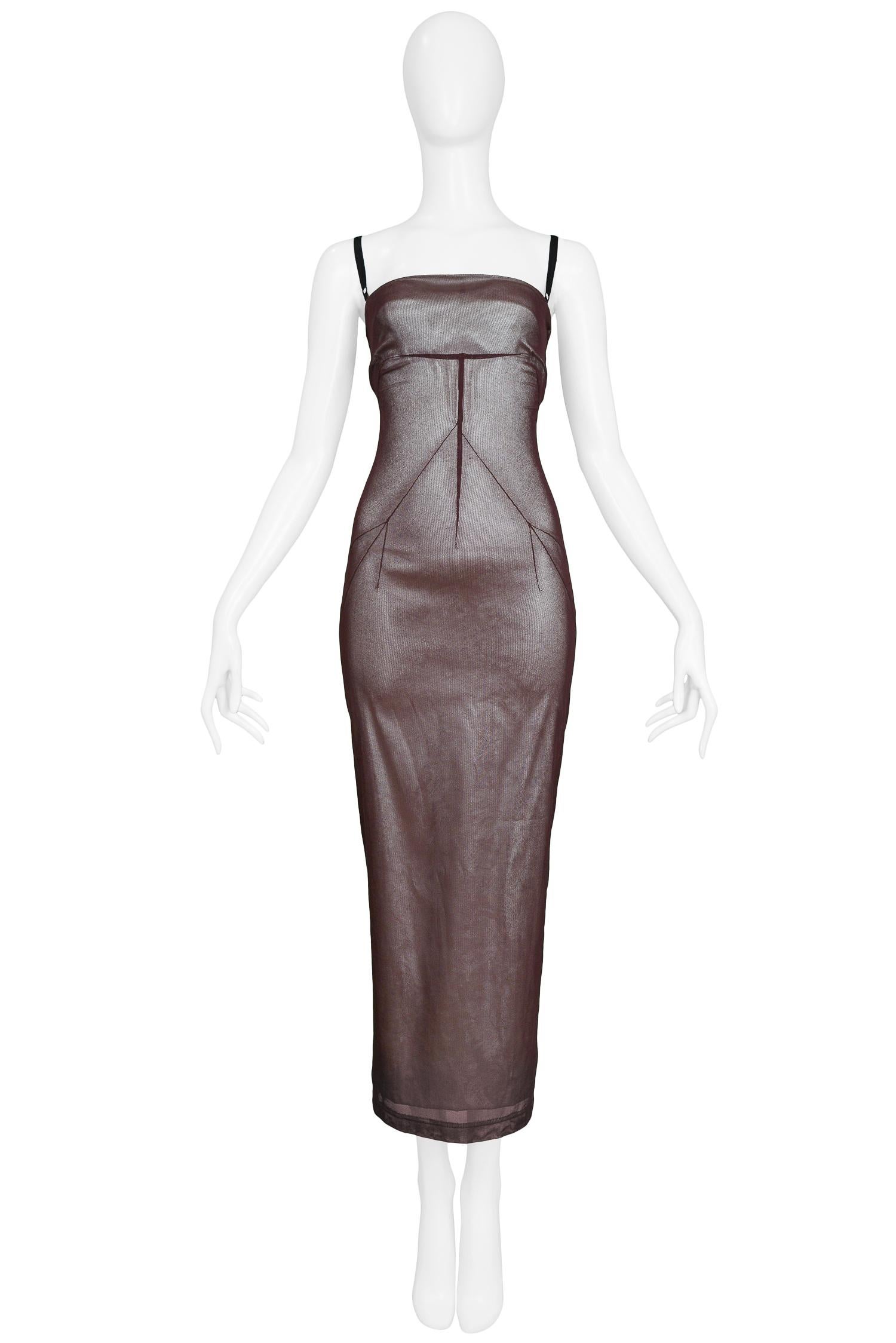 Vintage Dolce & Gabbana plum-colored mesh bustier dress with pencil skirt. The dress features spaghetti straps, darting at top and hook & eye closure at back. 1998 Collection. 

Excellent Condition.

Size: 40
