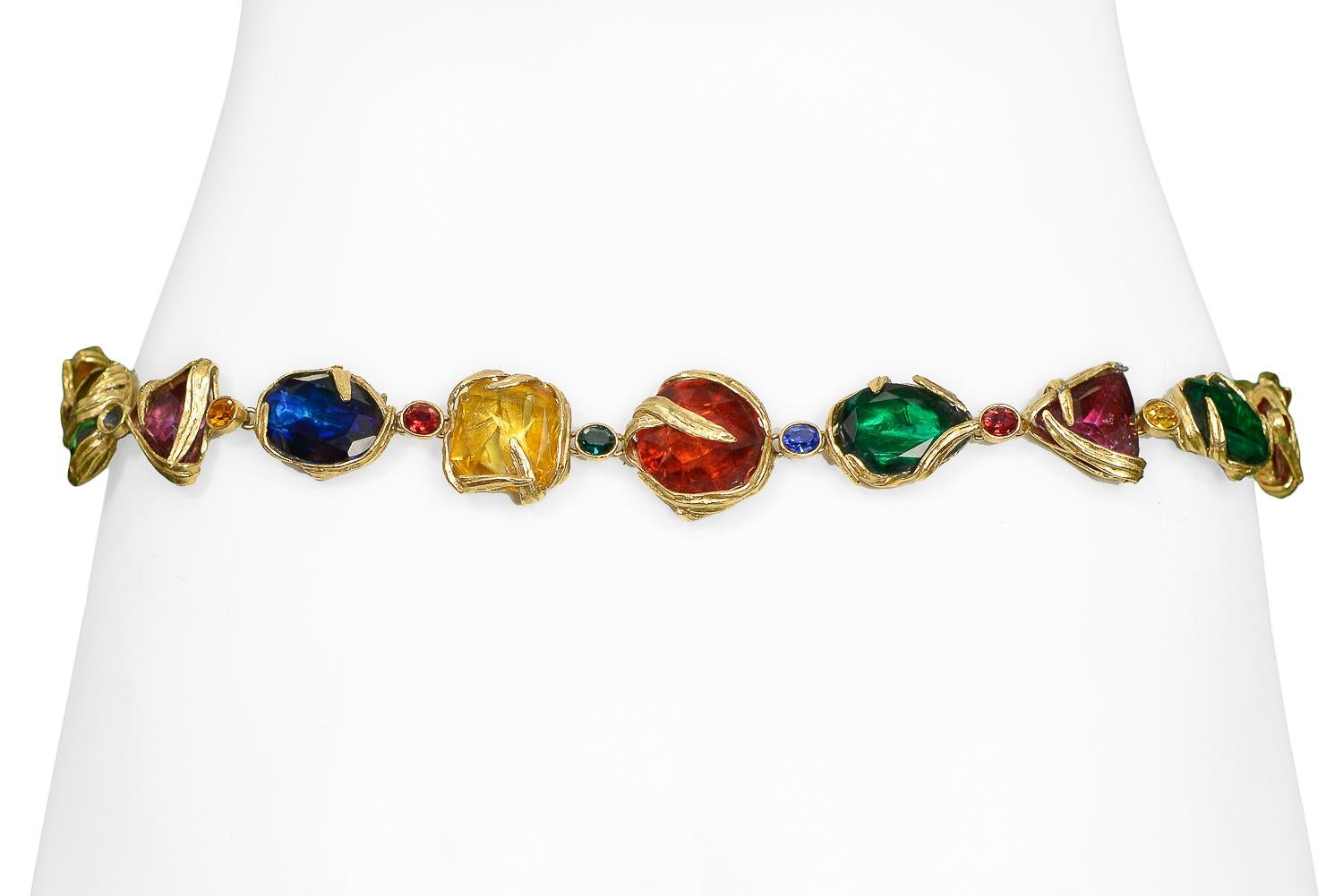Beige Vintage Yves Saint Laurent 1980's Multicolor Jeweled Chain Belt 