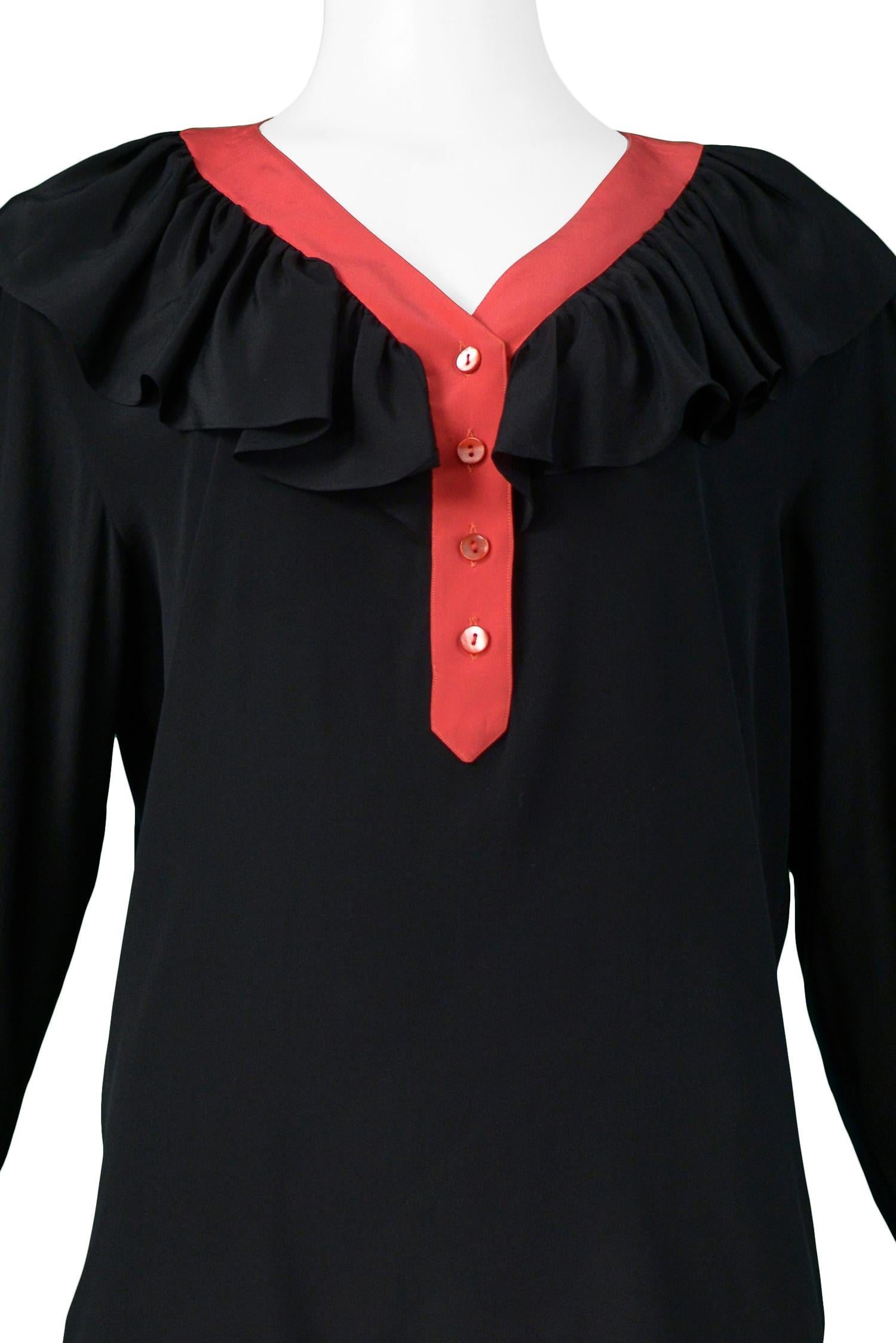 Vintage Yves Saint Laurent Black & Red Silk Ruffle Blousew In Excellent Condition For Sale In Los Angeles, CA