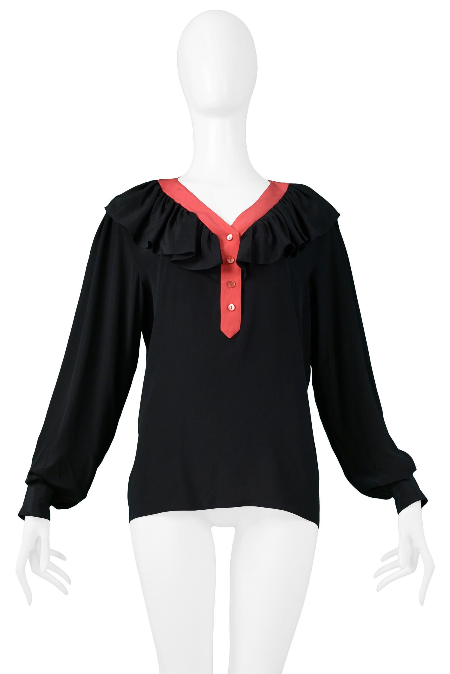 Women's Vintage Yves Saint Laurent Black & Red Silk Ruffle Blousew For Sale