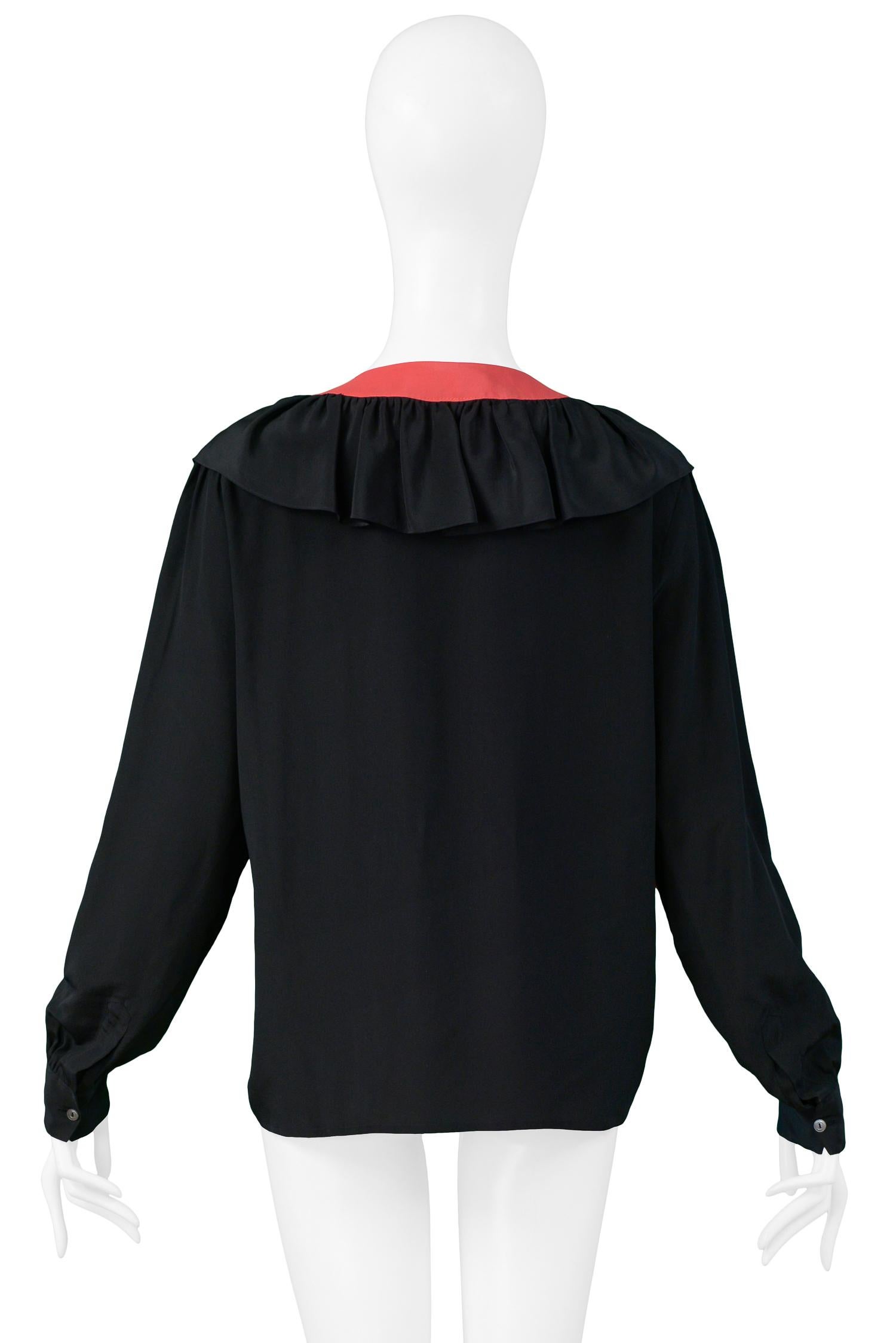 Vintage Yves Saint Laurent Black & Red Silk Ruffle Blousew For Sale 1