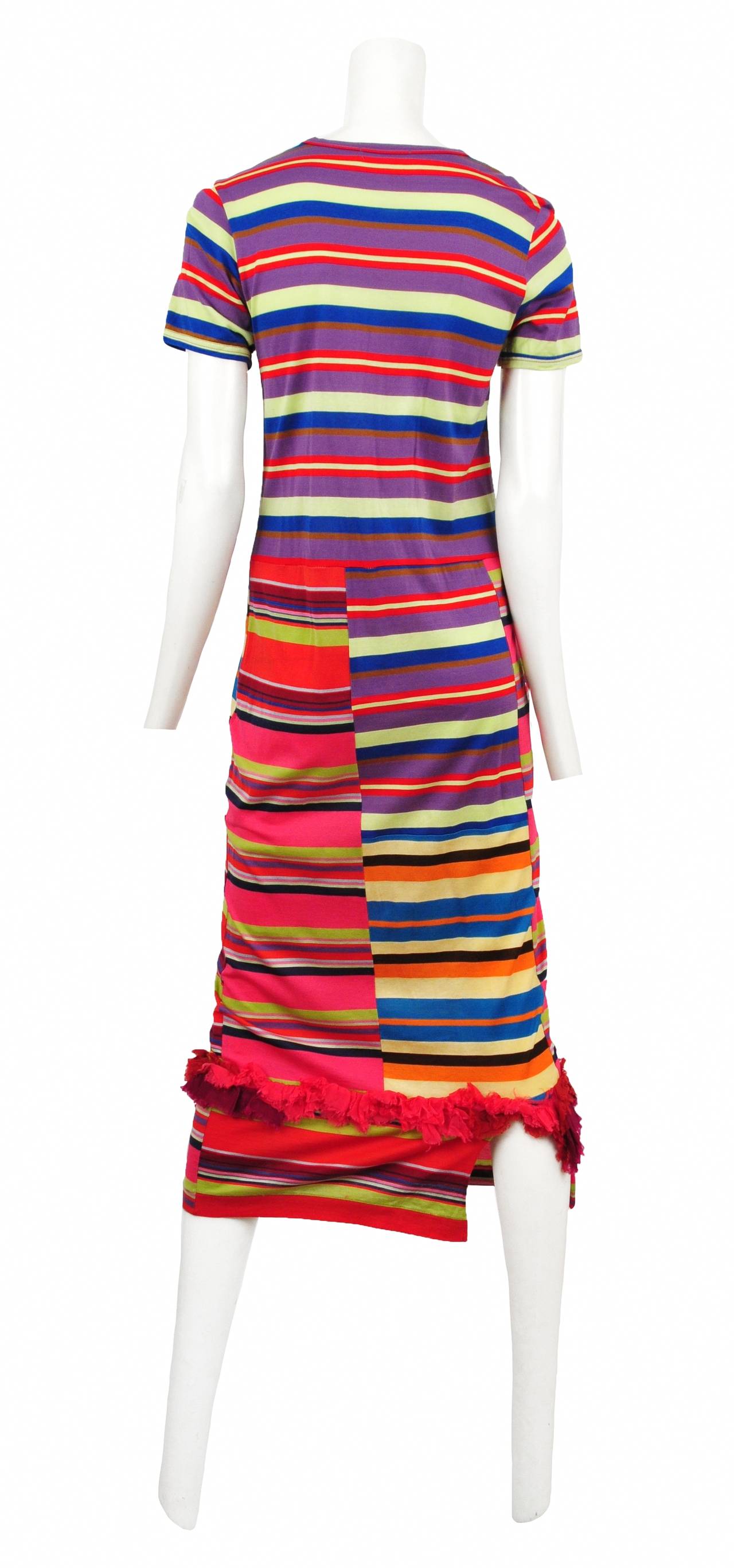 Vintage Comme des Garcons multi color stripe mid length short sleeve jersey dress. Circa 1999.