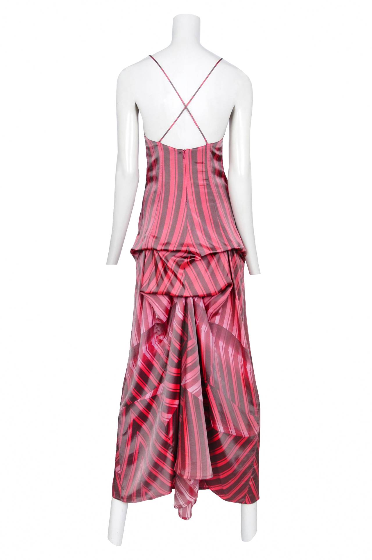 Vintage Dries Van Noten pink and grey tone stripe slip maxi dress with spaghetti straps and gathering at the back in an abstract bustle style.