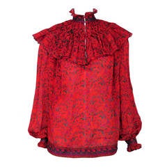 Vintage Red Silk Floral Blouse