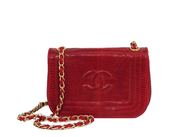 Burgundy Lizard mini flap bag with gold hardware and embossed CC logo.