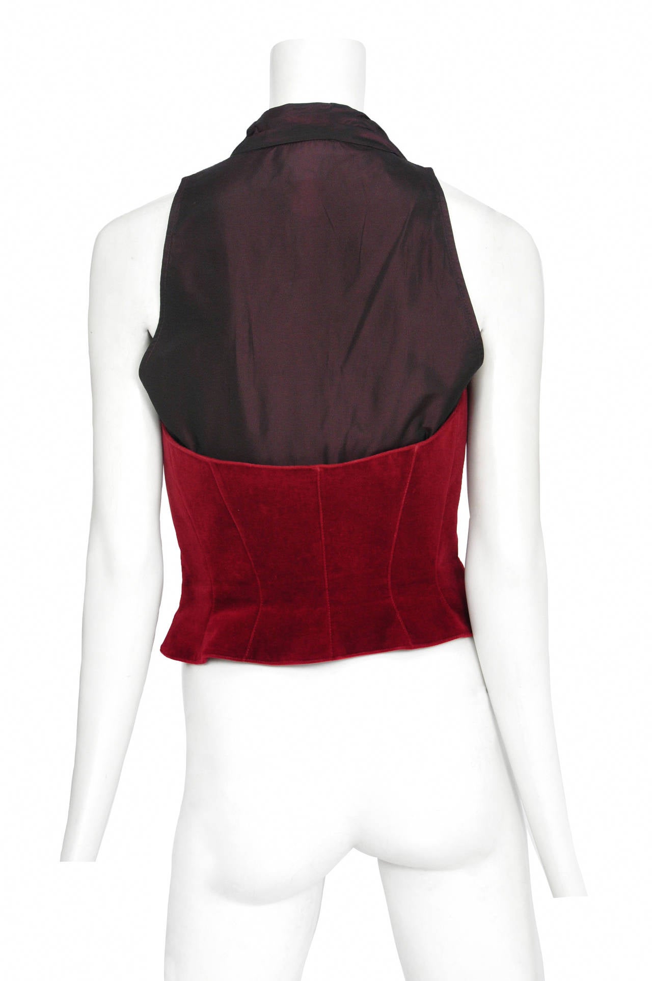 Vintage Thierry Mugler red velvet & taffeta corset top featuring purple taffeta pleated from hem to halter style collar and a red velvet corseted waist.